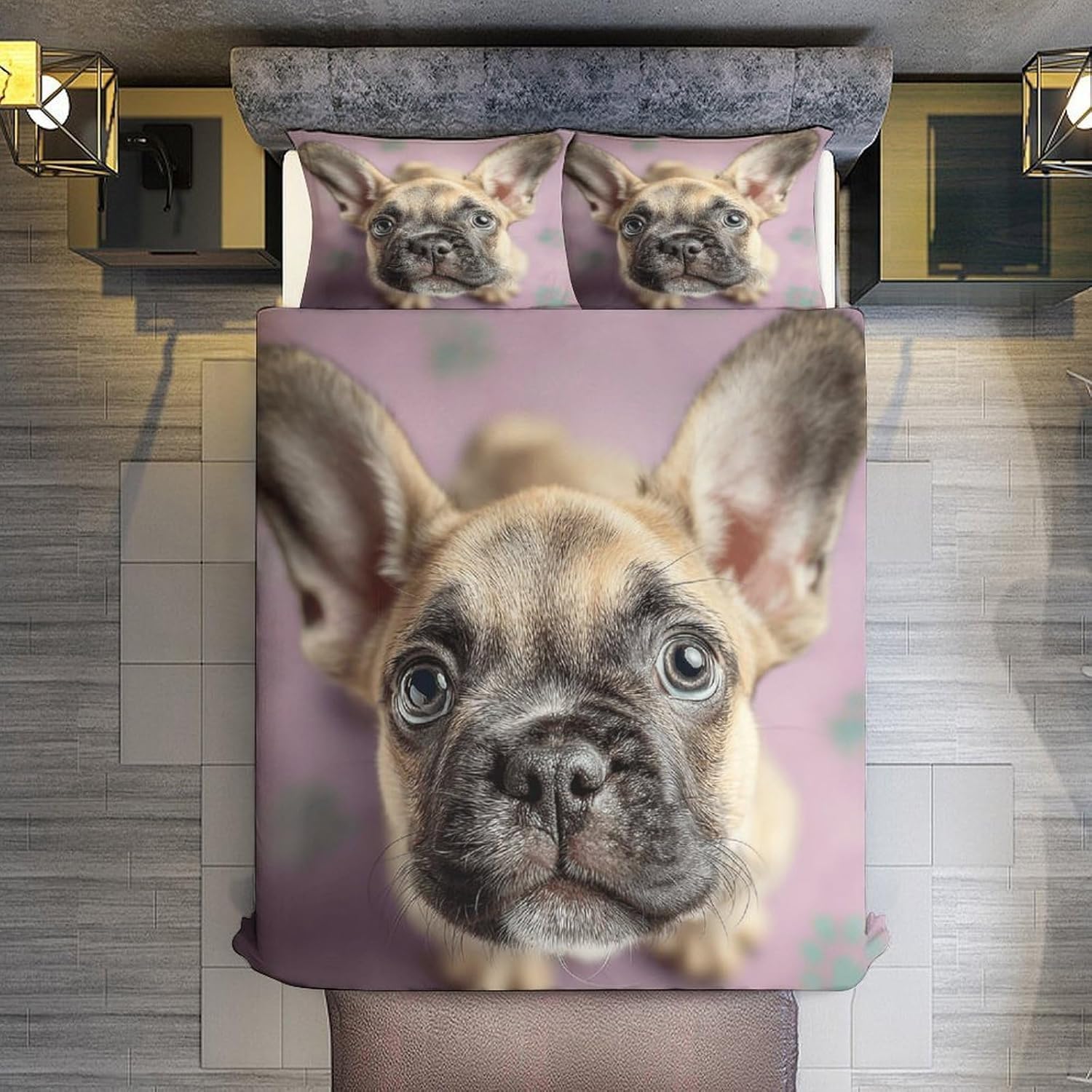 Housse de Couette Bouledogue Français 140x200 Anti-Plis Fermeture Éclair Lit Simple