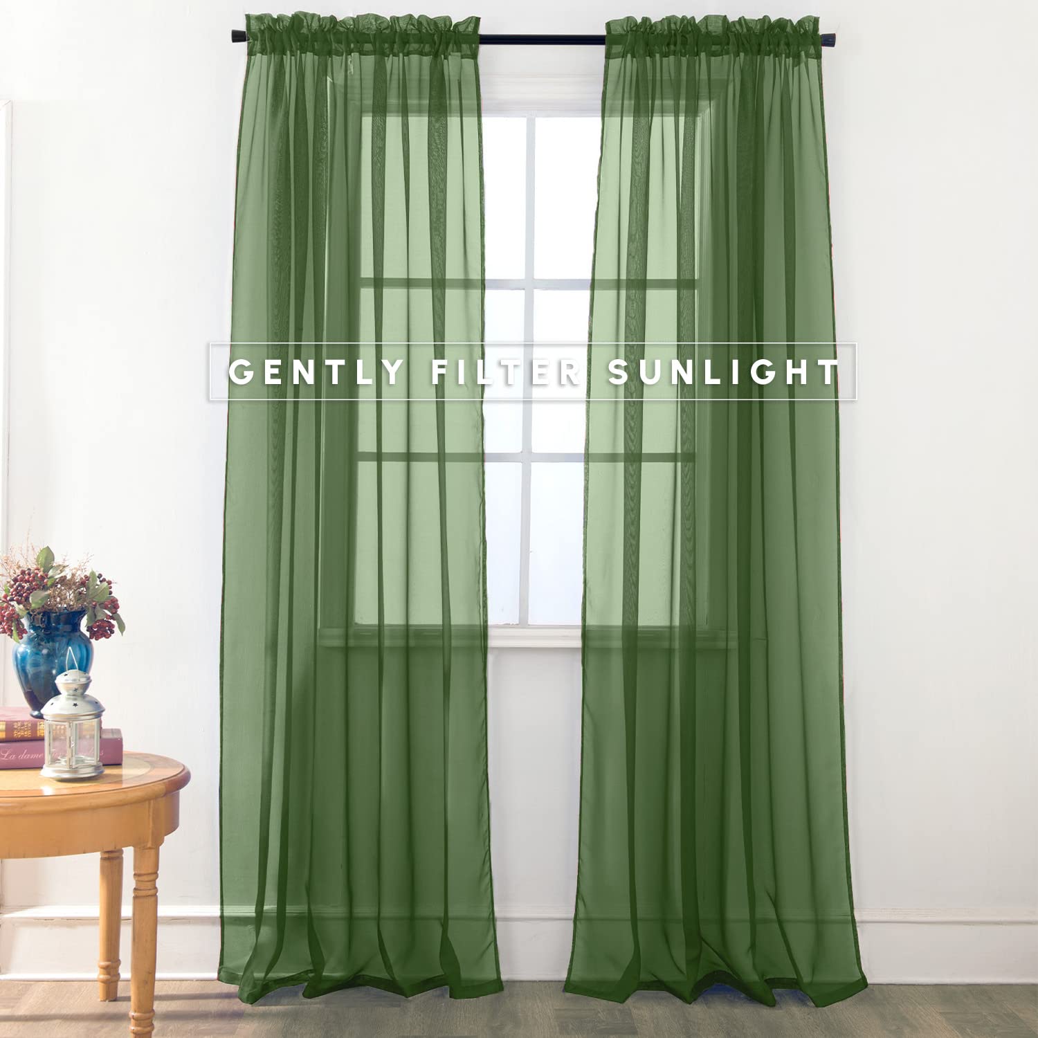 Elegant Comfort 2-Piece SHEER PANEL with 2inch ROD POCKET - Window Curtains 40-inch width X 84-inch Length, Hunter Green - Image 2