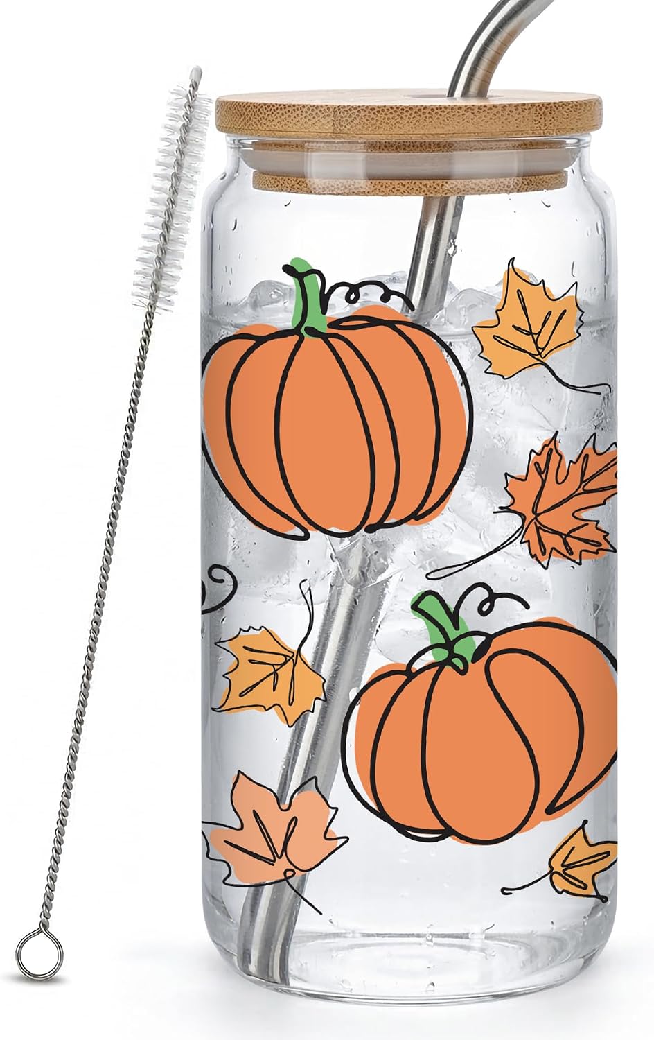 Cute Fall Pumkin Drinking Jar Gifts for Women,16 Oz Pumpkin Glass Cup with Lid and Straw,Cute Fall Iced Coffee Cup Gifts for Thanksgiving,Halloween,Birthday,Autumn Coffee Tumbler for Her