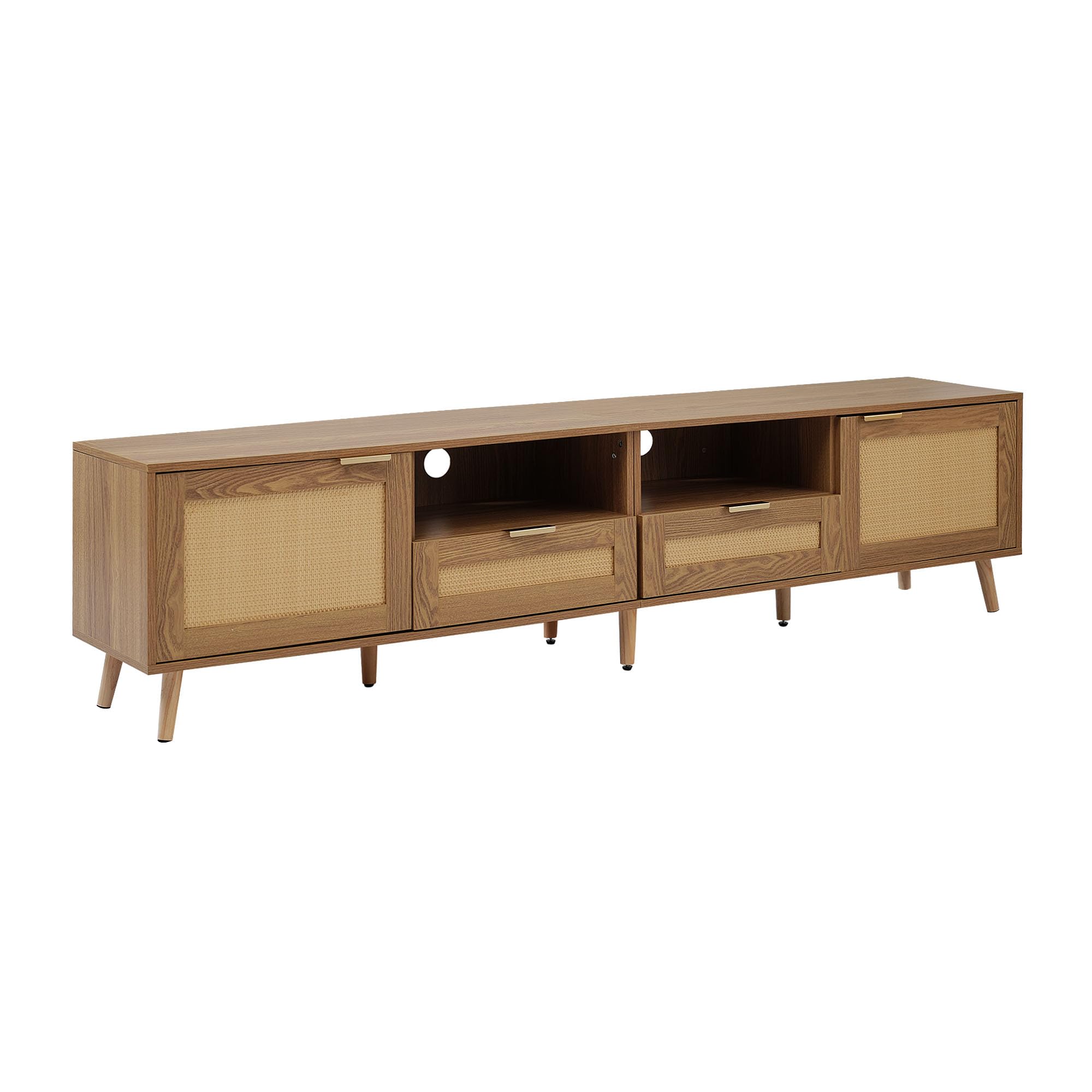 Mobile TV in rattan con piedi in legno massello, per TV fino a 49", larghezza 200 cm, effetto rovere, regolabile in altezza, stile rustico