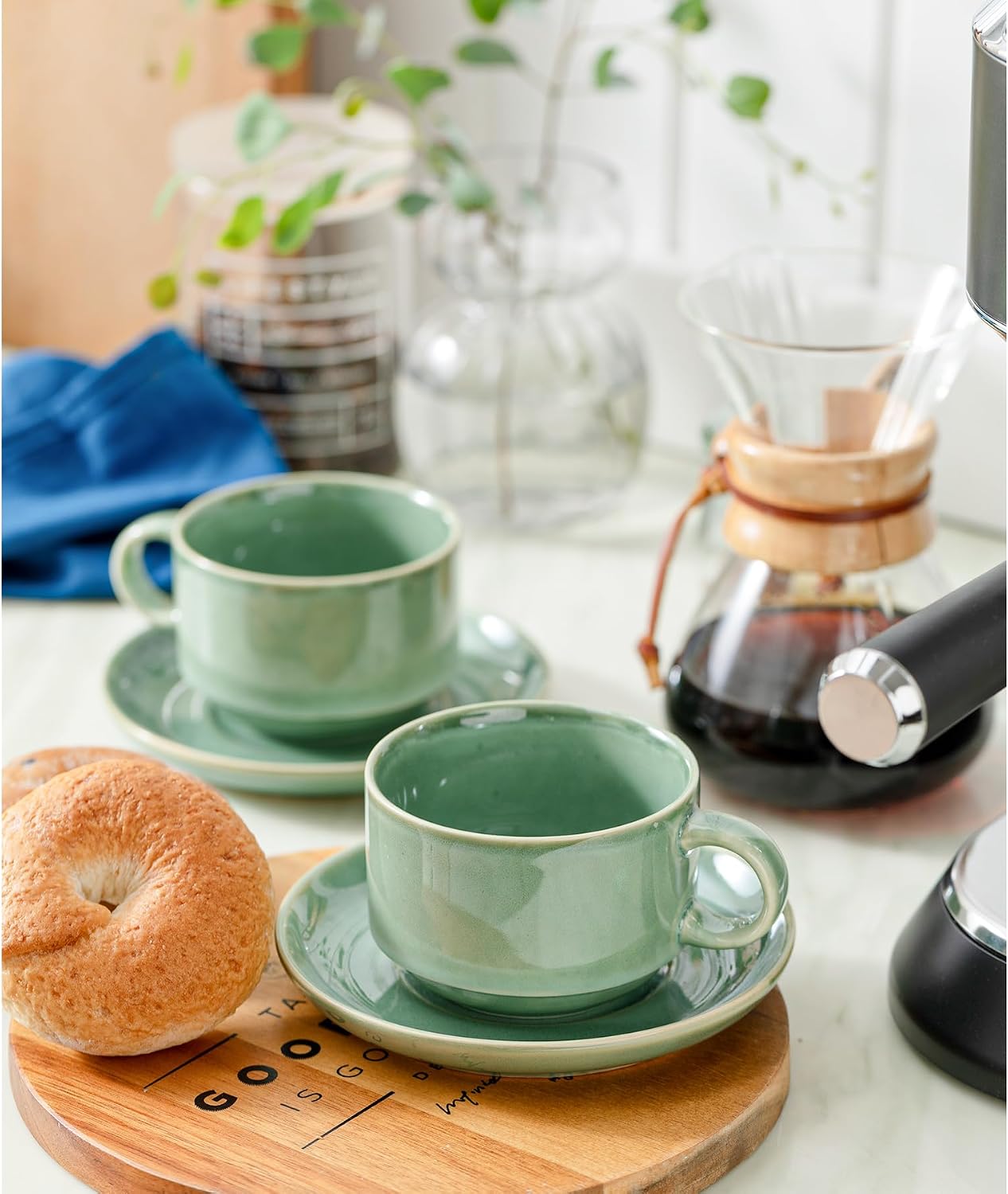 Ceramics 10oz Cappuccino Cups with Sacuer, Set of 2, Green image 2
