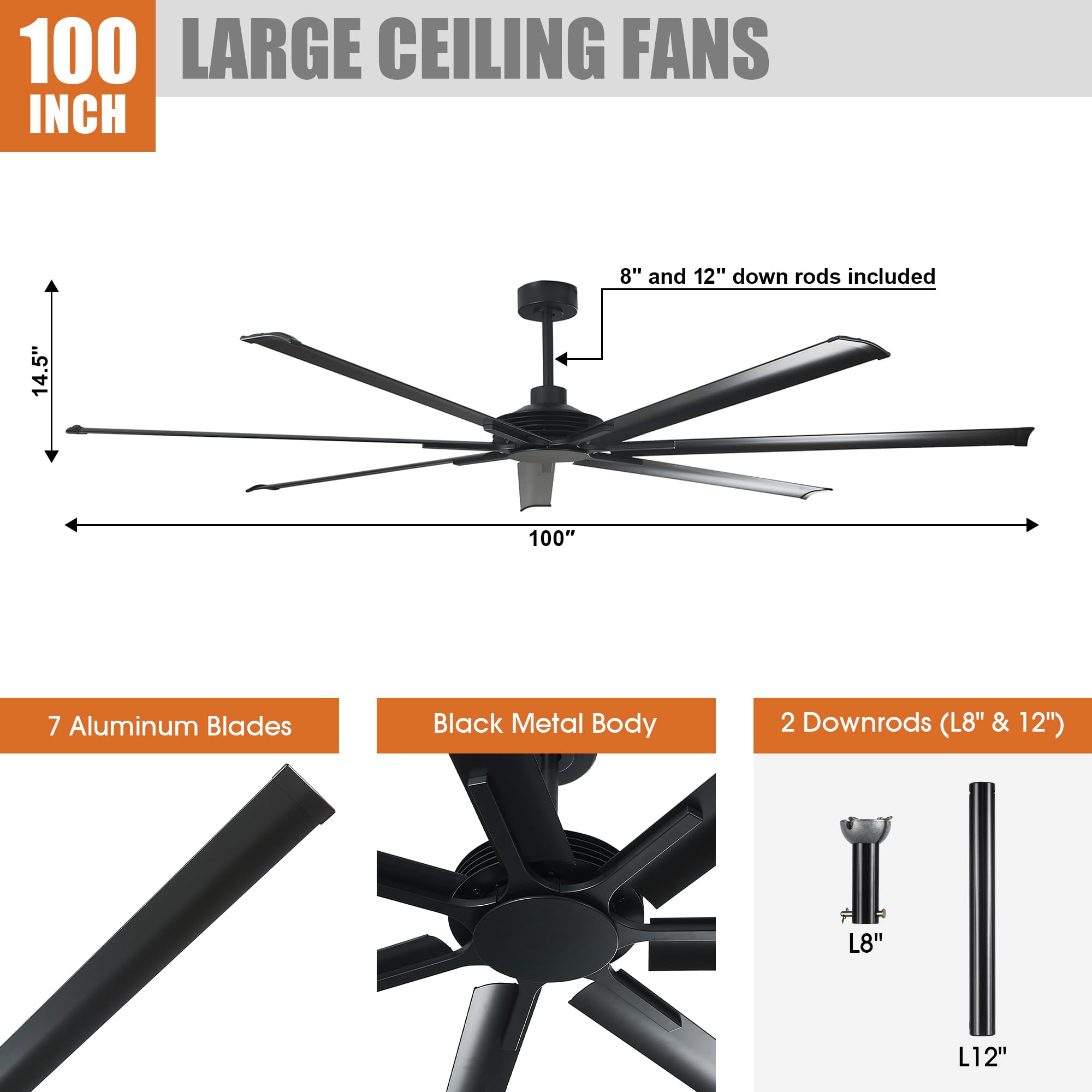 100 Inch Ceiling Fans without Lights Industrial Black Large Ceiling Fan No Light for Living Room Shop Garage — view 7