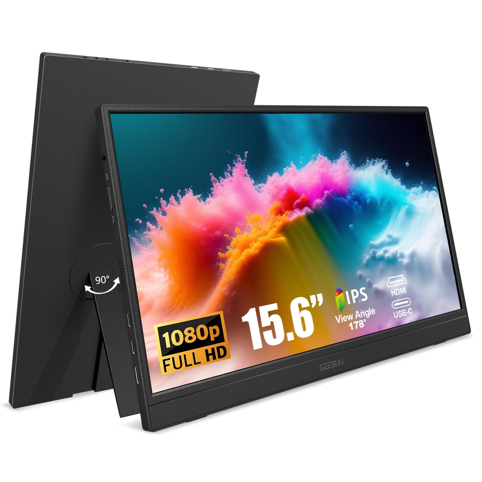 15.6 Inch Monitor Portátil, Pantalla Ordenador IPS, 60Hz PC Segunda Pantalla con Altavoces Integrados, Soporte Giratorio de 90°, HDMI/USB-C/Type-C