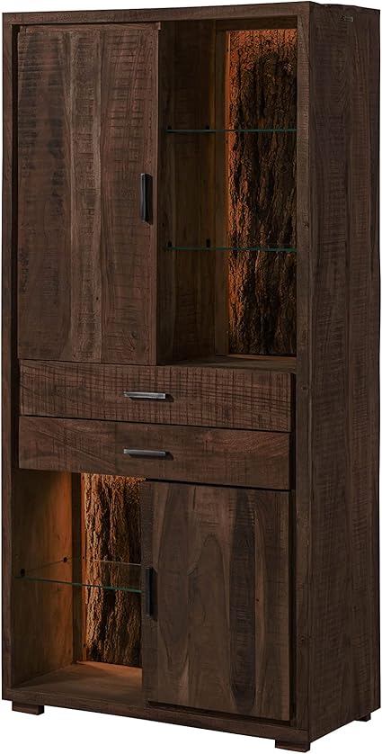 Massivholz Vitrine Mit LED-Beleuchtung - Rustikales Design Aus Akazienholz