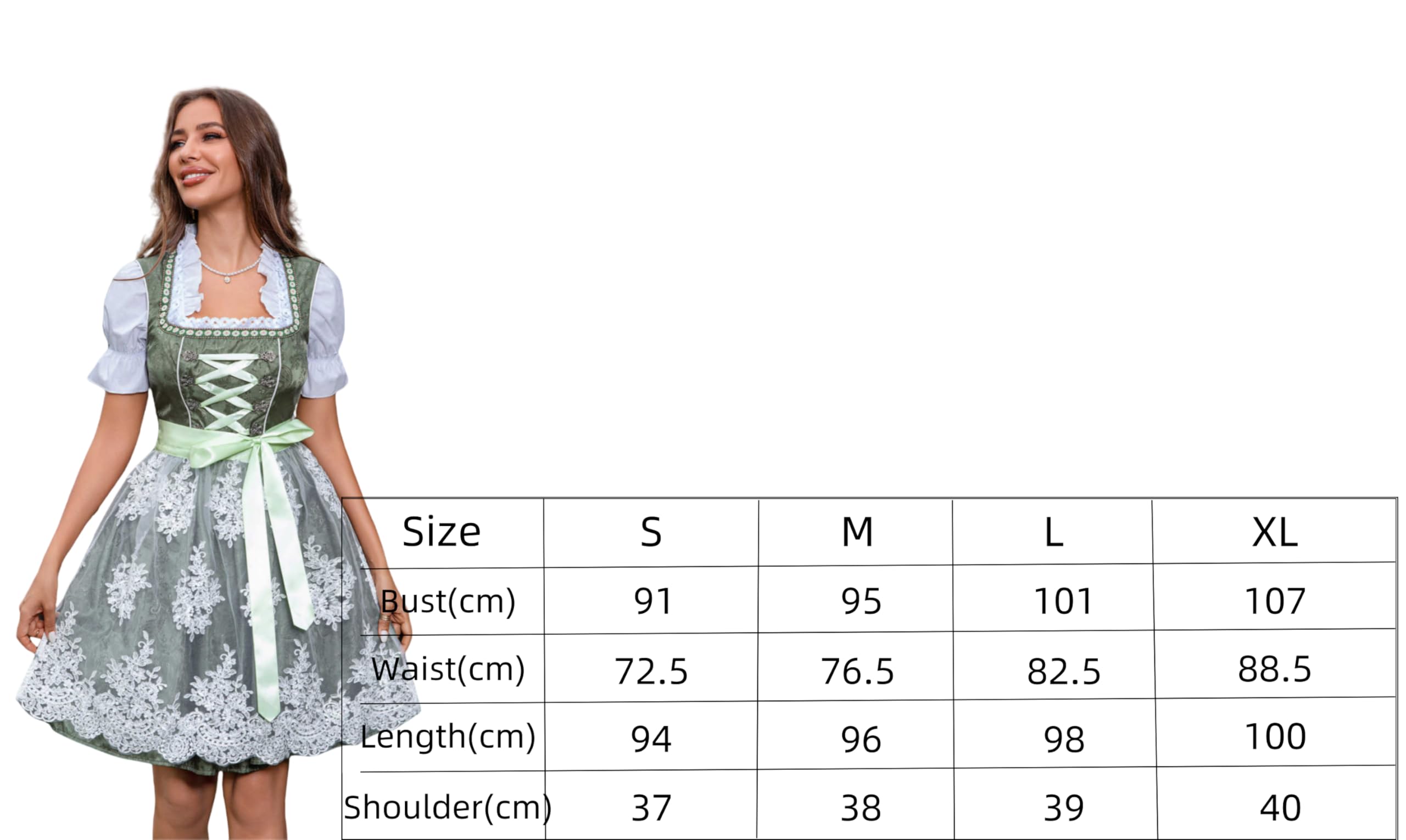 Abaowedding Dirndl Damen Midi Trachtenkleid Trachtenmode Trachtenrock 3 Teilig Dirndlkleid inkl. Spitzendirndlschürze Dunkelgrün Kleid und Bluse(L)
