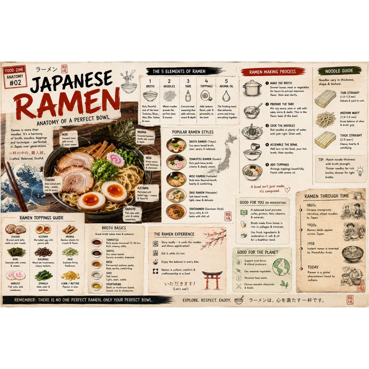 Japoński ramen jedzenie anatomia plakat 45 x 30 cm zwinięta kuchnia sztuka