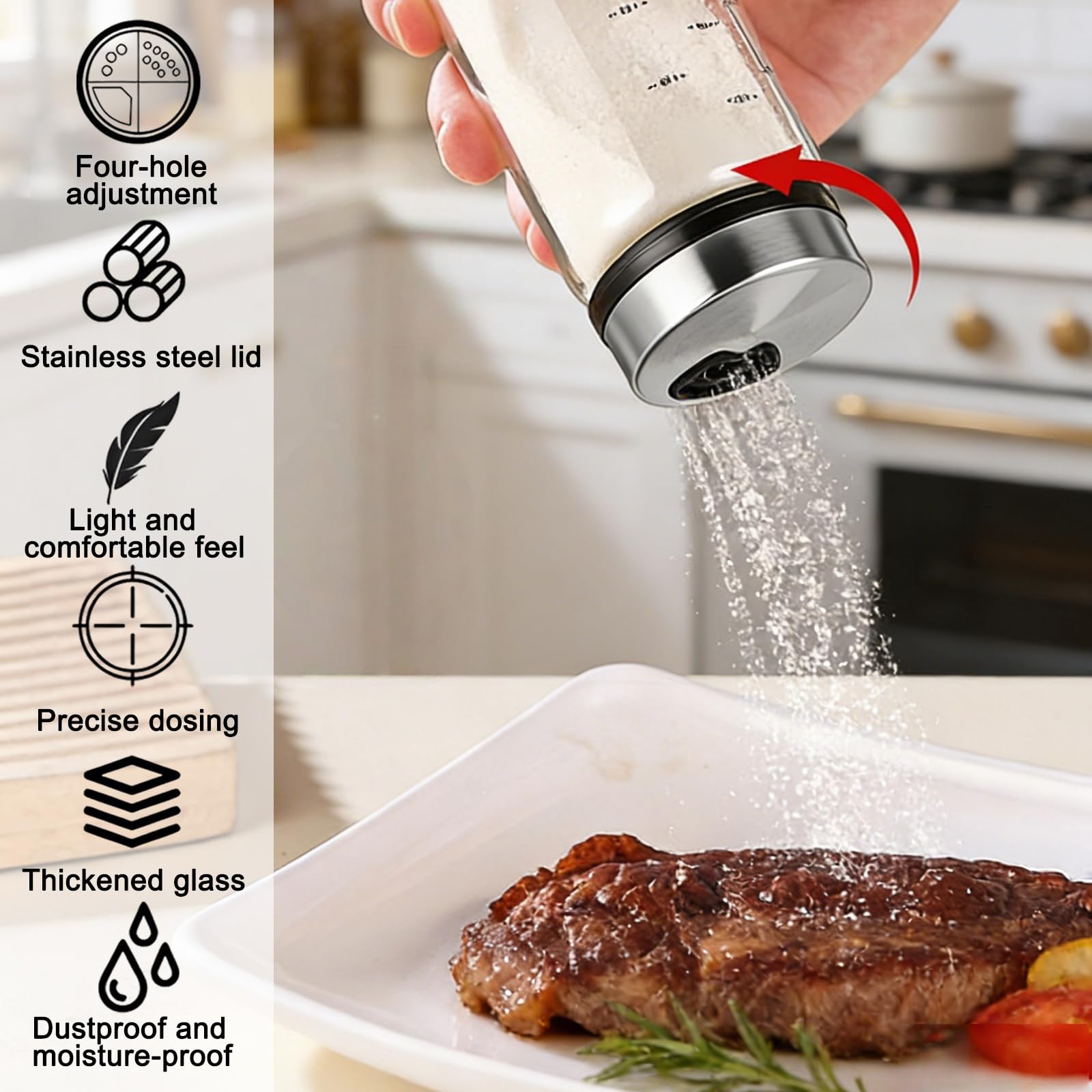 Lot de 4 pots à épices avec couvercle rotatif : 200 ml avec 4 types de trous d'épices, en verre borosilicate résistant à l'humidité avec couvercle en acier inoxydable 304 pour cuisine