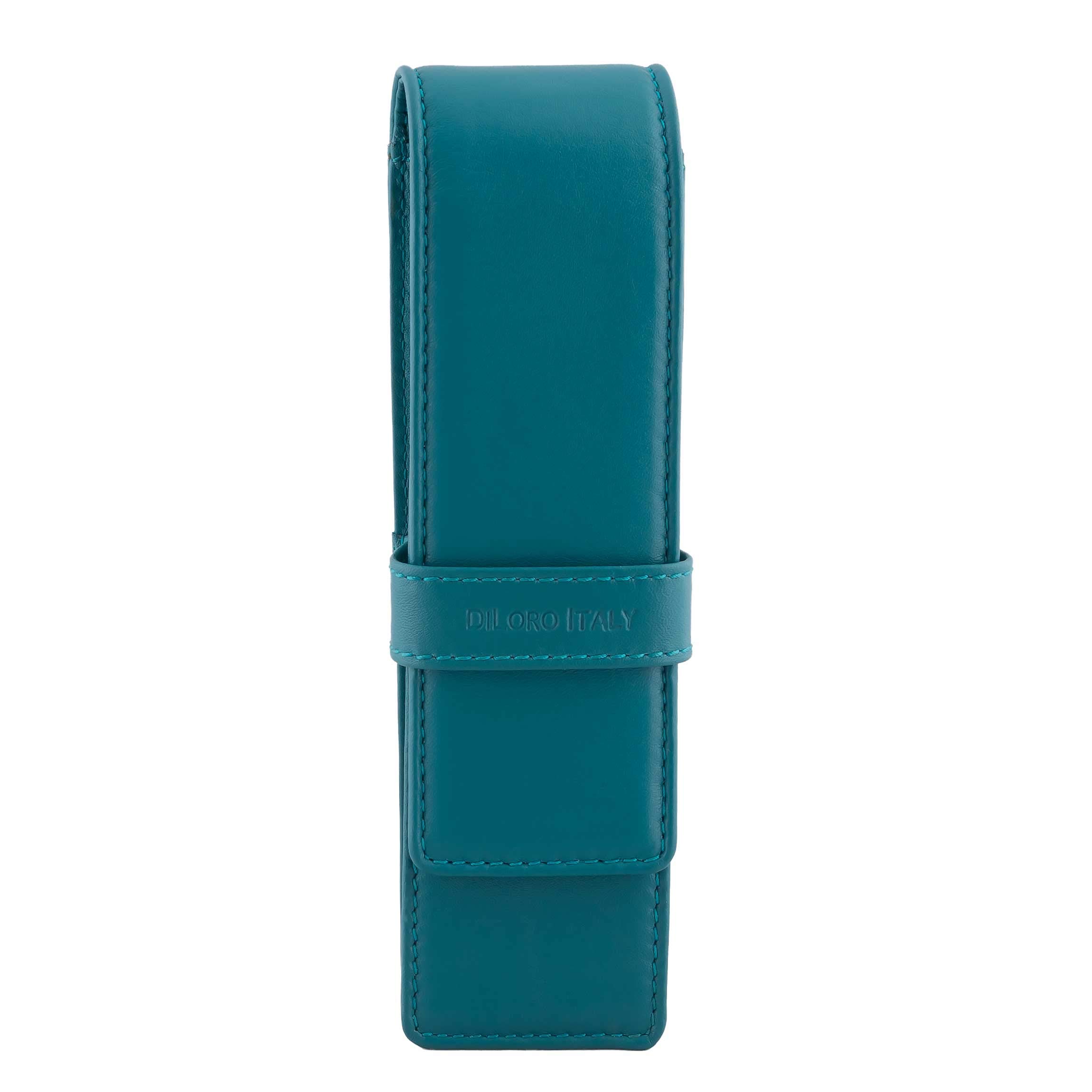 DiLoro Leather Pen Case Pouch Holder for Two Fountain Ballpoint Rollerball Pens or Pencils (Turquoise Green)