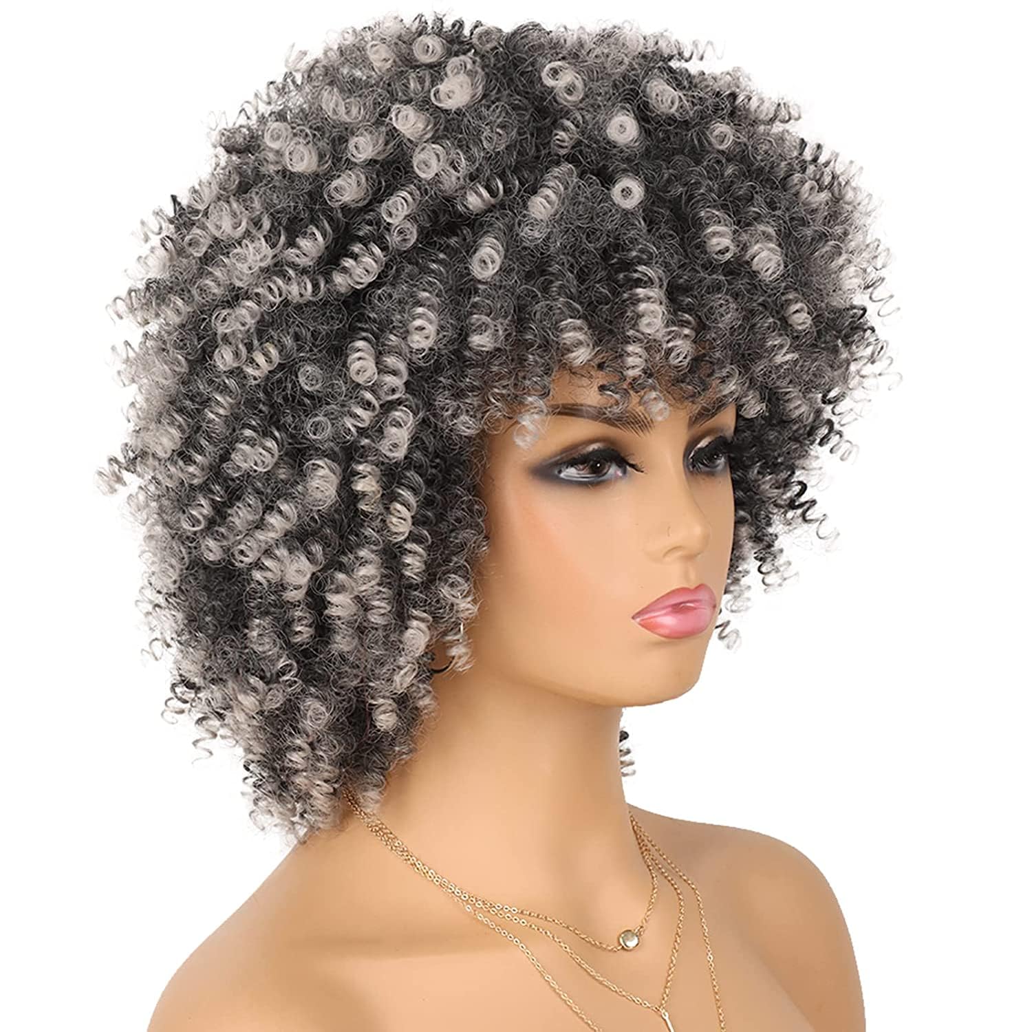 Afro Wig for Black Women Fluffy and Soft Synthetic Kinky Curly Wig Glueless Short Curly Wig Ombre Grey Mixed White Curly Wigs with Bangs Curly Hair Wigs for Daily Party