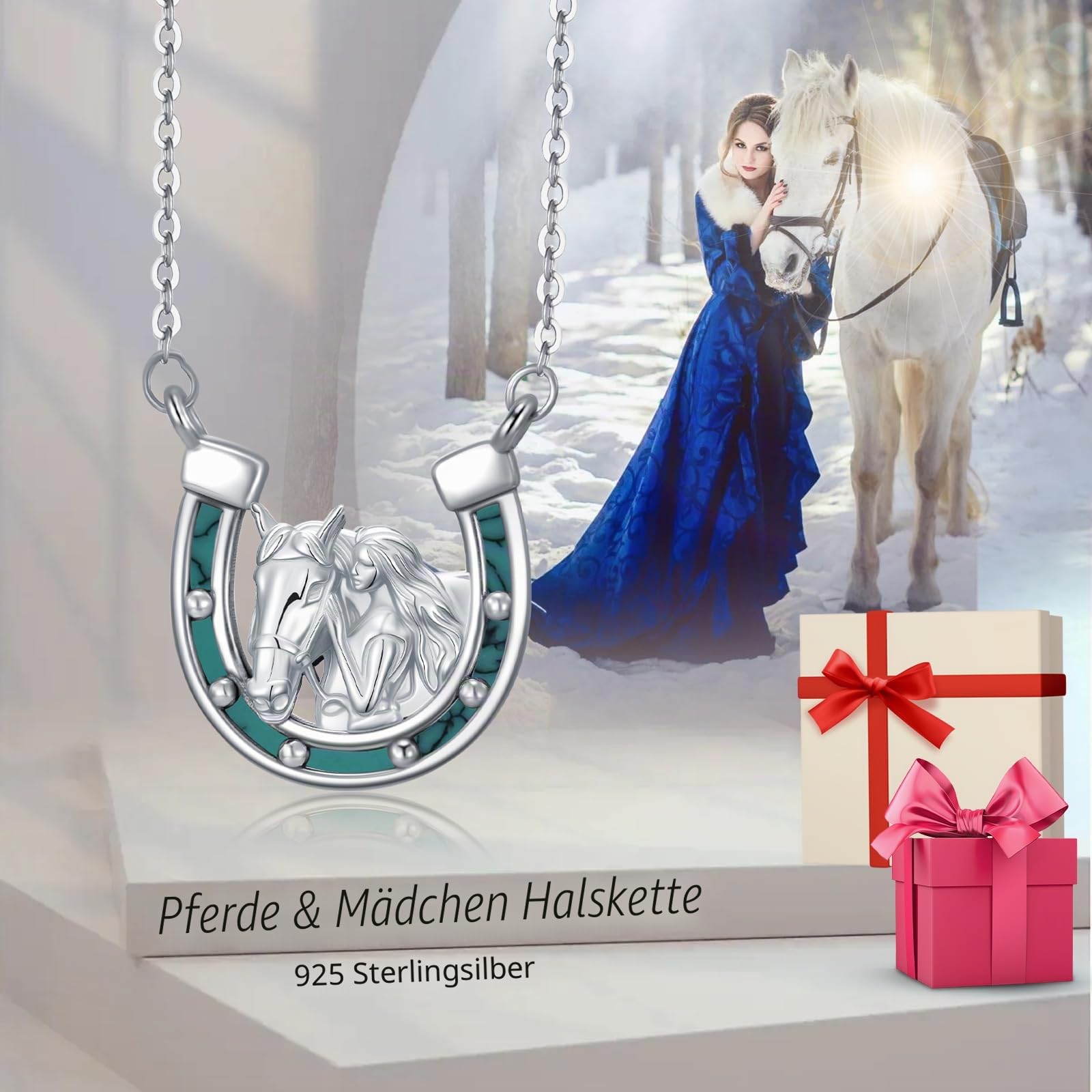 REDSUN Mädchen und Pferd Halskette 925 Sterling Silber Vintage Hufeisen Anhänger Keltischer Knoten Pferde Kette Pferde Schmuck für Frauen Mädchen, Sterling Silber