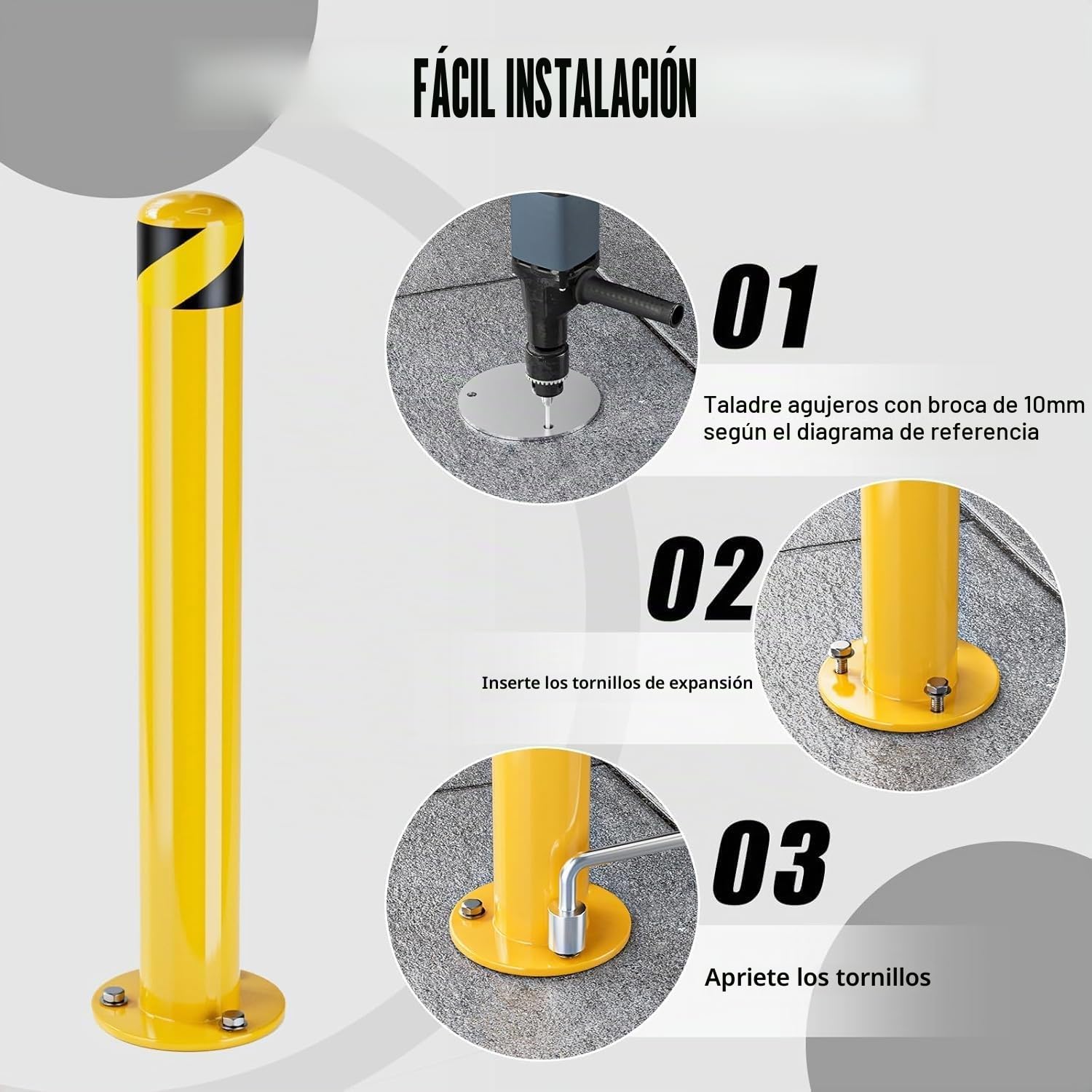 Bolardo de Seguridad 107cm, Poste de Bolardo Tubo de Acero Recubrimiento de Polvo Amarillo, Barrera de Seguridad con Pernos de Anclaje para Aparcamiento (4 piezas - Altura 107cm)