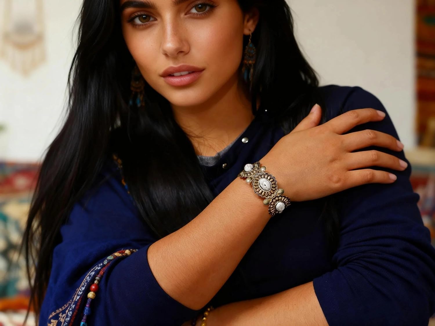 RechicGu Western Turquoise Color Cuff Bracelet for Women Adjustable Boho Bracelet Cowgirl Chic Vintage Concho Bangle Chunky Blue Turquoise Howlite Cuffs Country Concert Outfit Western Gift - Image 9