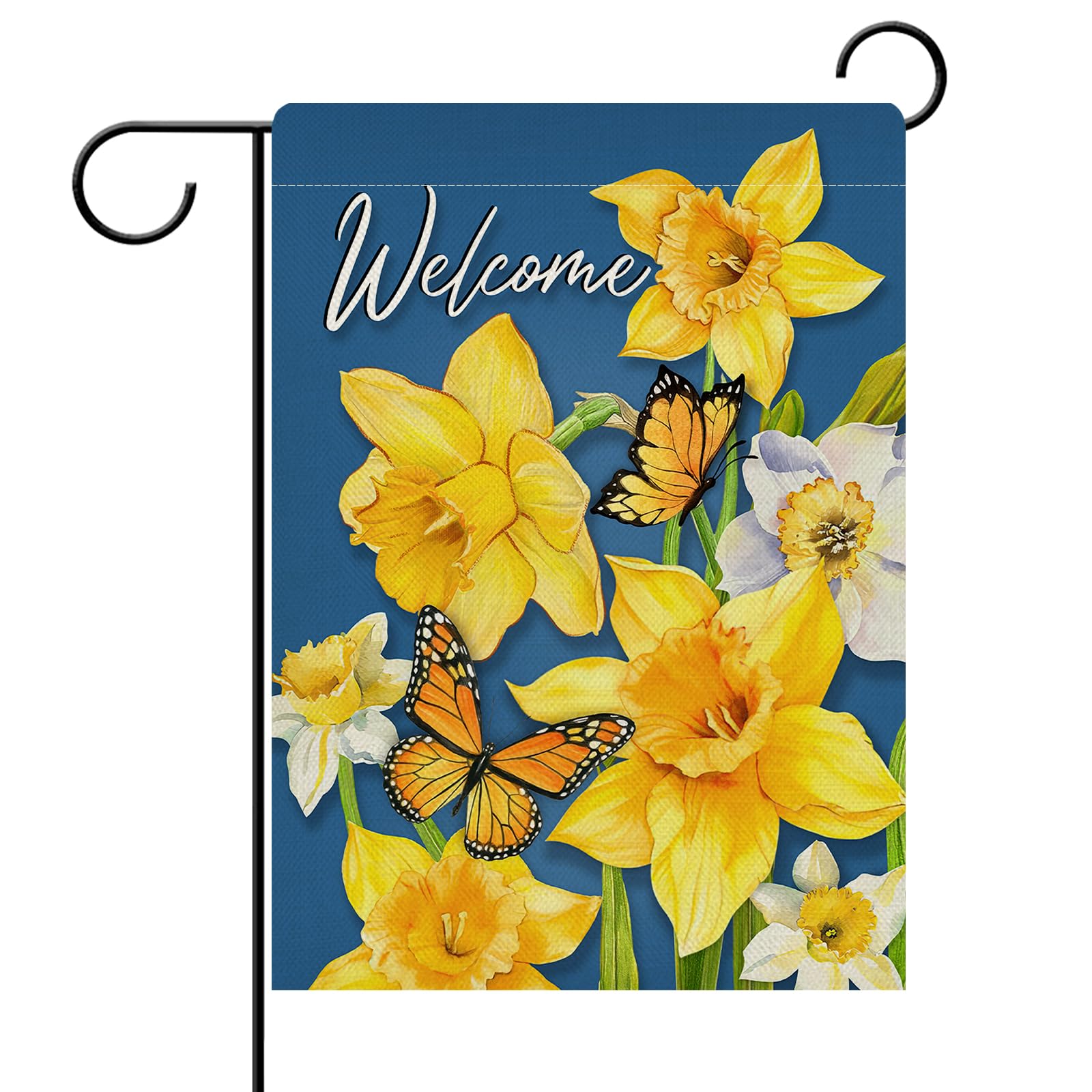 Dyrenson Welcome Spring Daffodil Flower Decorative Garden Flag, Summer Yellow Floral Butterfly Yard Outside Home Decorations, Seasonal Burlap Outdoor Small Decor Double Sided 12 x 18