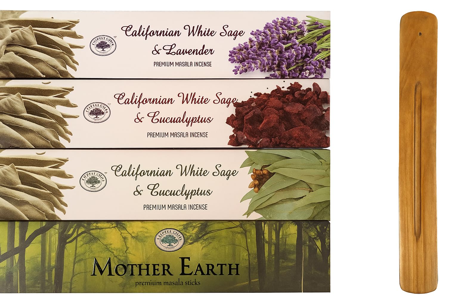 Green Tree Incense Sticks Pack of 4 – Californian White Sage & Dragon's Blood, Sage & Eucalyptus, White Sage & Lavender, Mother Earth with JRose Incense Burner
