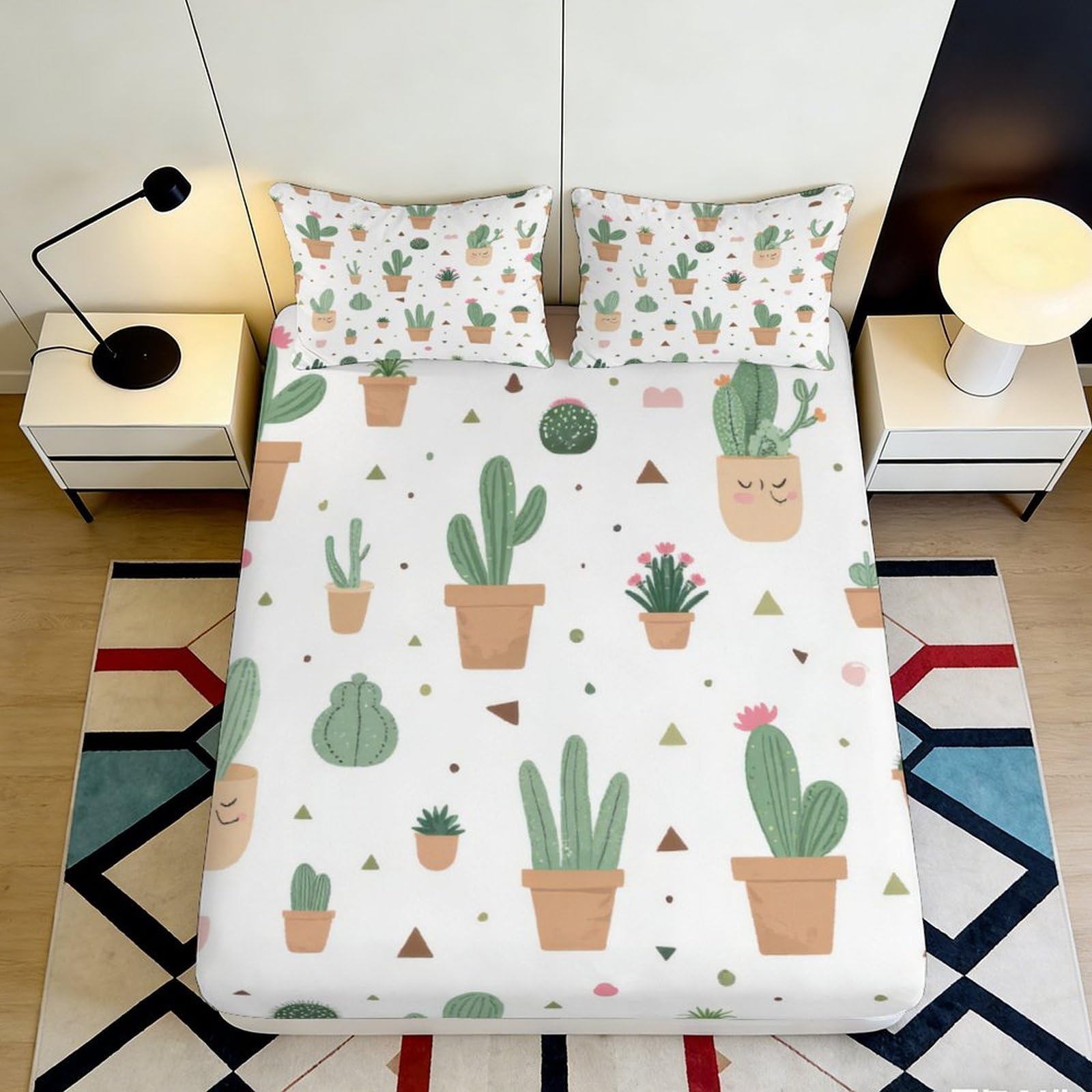 3D Printed Cactus Pattern Fitted Sheet Microfiber Soft Breathable Succulent Design Mattress Cover for Bedroom Dormitory Guest Room Mattress Protection 90x200x25cm
