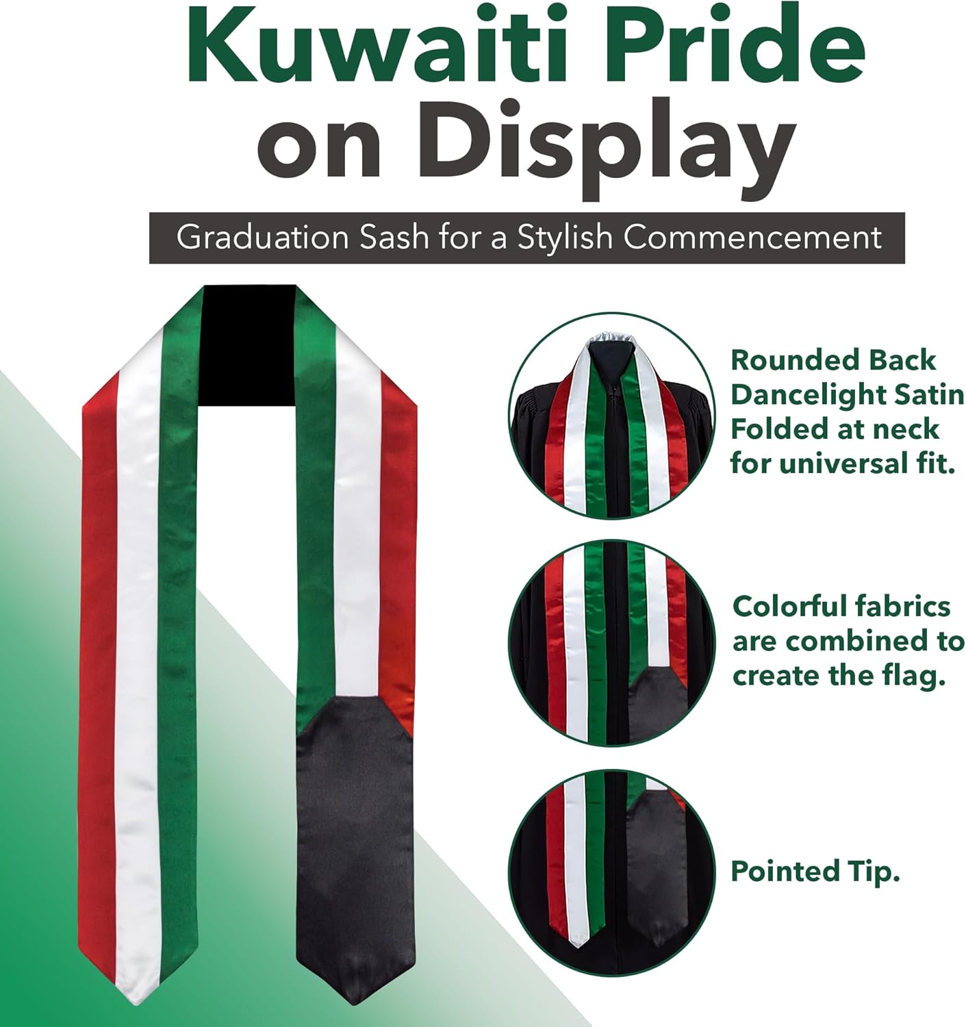 Vision Wear - Kuwait Flag Graduation Sash/Stole - Luxurious Cultural Symbol - Embrace Your Heritage - Pride & Honor Sash