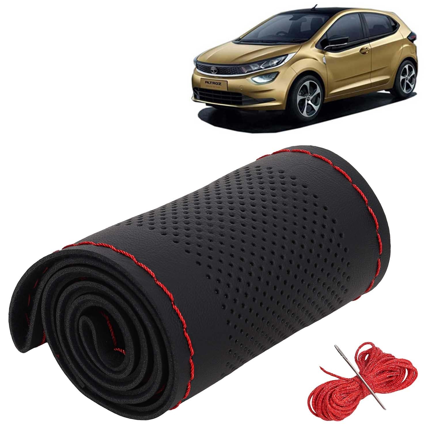 KINGSWAY® PU Leatherite Car Steering Cover Sewable Compatible with Tata Altroz (Year 2020 Onwards), Black Color with Red Thread, Pack of 1 with Sewing Needle and Thread