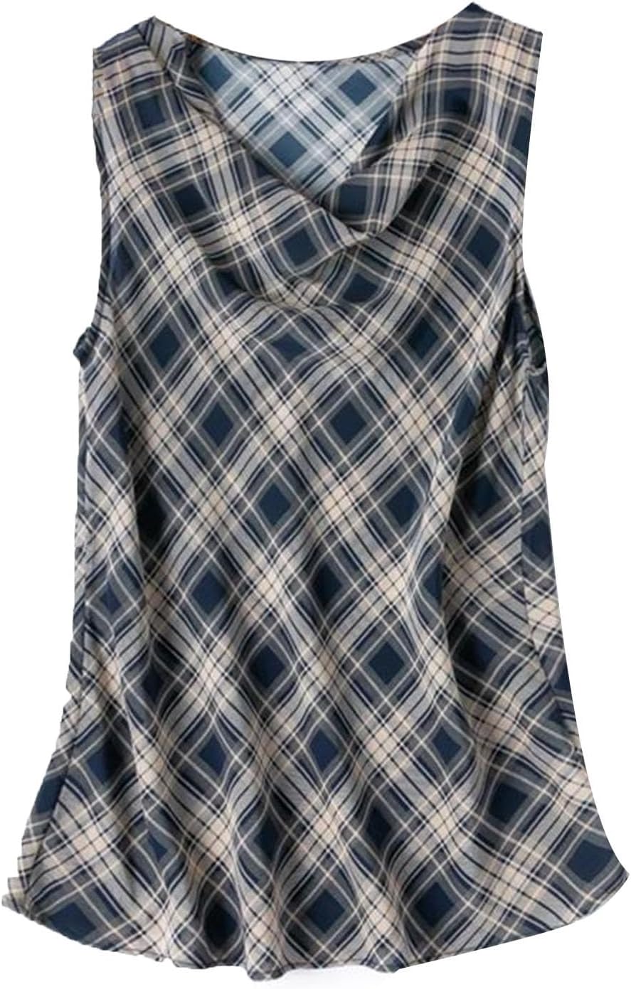 レディース クレープシルク ドレープネックタンクトップ、マルベリーシルク100%、ネイビーチェックプリント