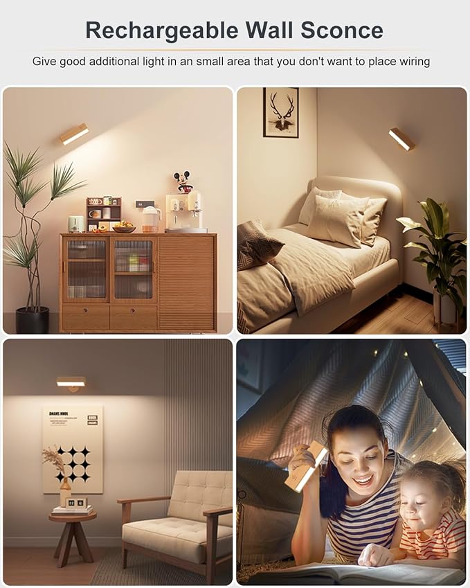 DetarZinLED 2 stuks oplaadbare wandlamp voor binnen met afstandsbediening, zonder stroomaansluiting, wandlamp draadloos met 3 kleurmodi, 360° draaibare houten, dimbare touch control bedlamp photo 3
