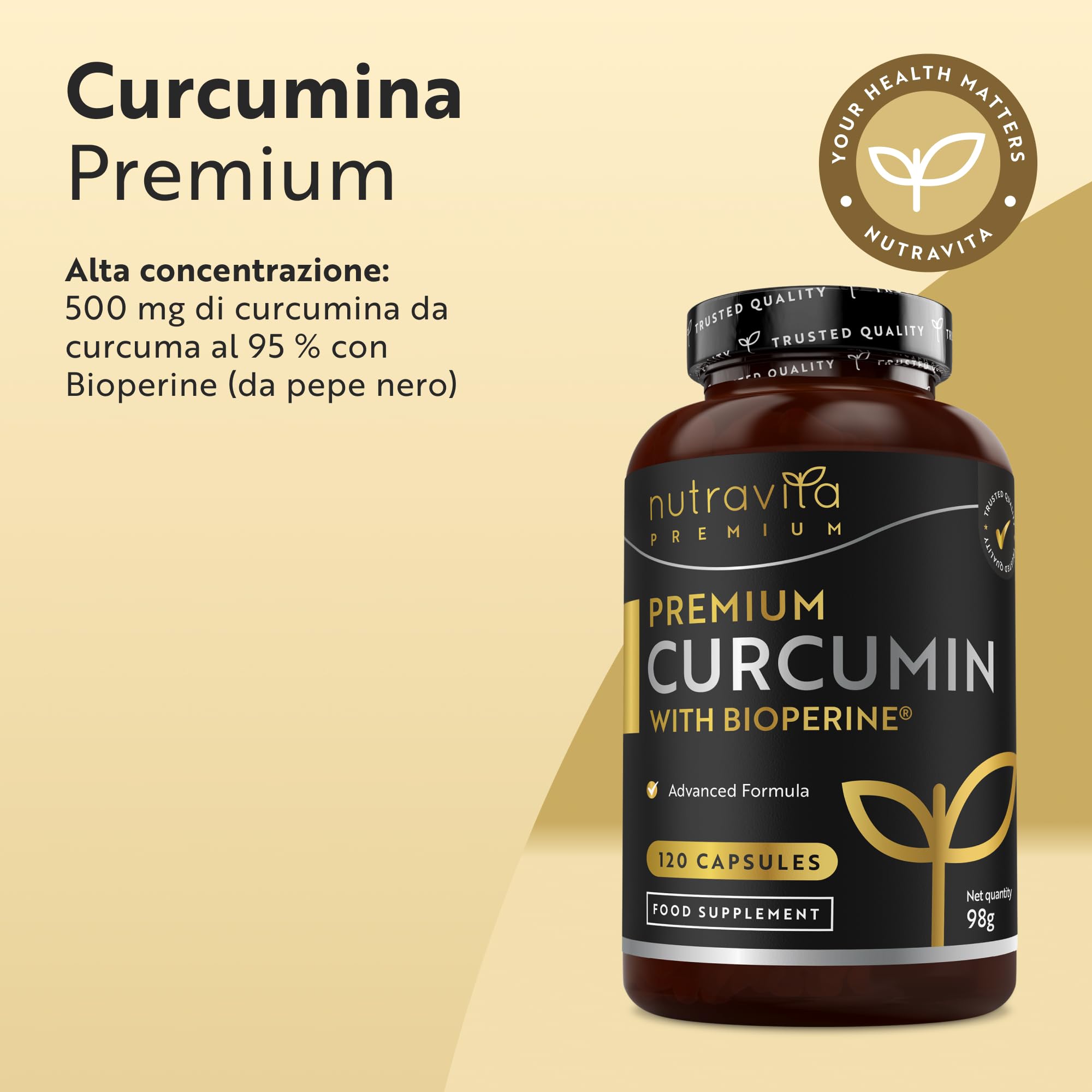 Nutravita Premium Curcumina 95 con Bioperine® - 120 Capsule ad Alto Dosaggio (Fornitura per 4 Mesi) - Alta Qualità Curcuma Capsule - Curcumina e Piperina (pepe nero estratto)