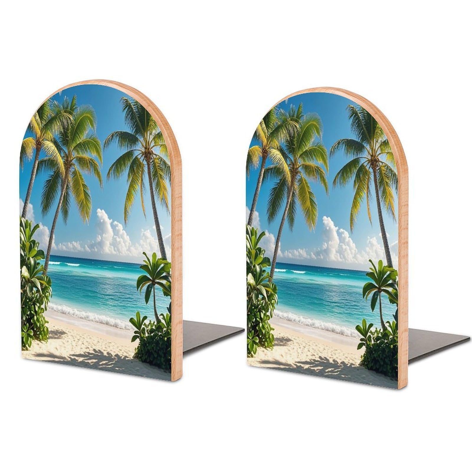 Hawaiian Style Print Pattern Bookend for Shelves Wooden Book End Sturdy Book Holders Stoppers with Metal Base for Bookshelves Slick Decorative Bookends Stands