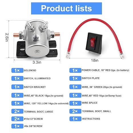 62132 Winch Solenoid Battery Power Interrupt Kit Cut-Off Switch Wiring Installation Set for Jeep Truck SUV Off-Road ATV UTV 12V