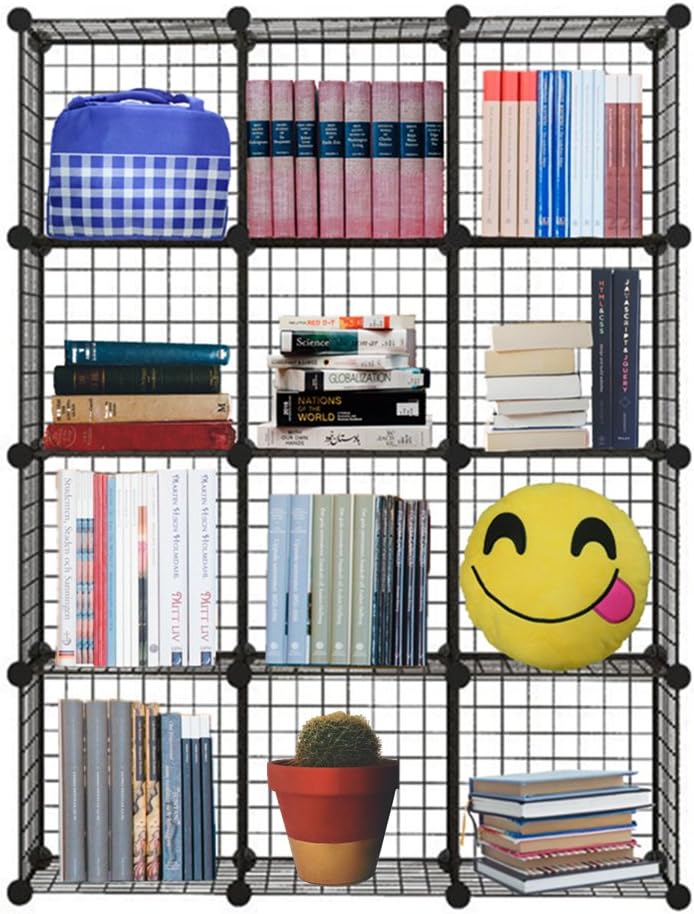 12 Cube Closet Organizer, Garage Storage Racks Sets, Shelf Cabinet, Wire Grids Panels and Units for Books, Plants, Toys, Shoes, Clothes, Stainless Steel Black