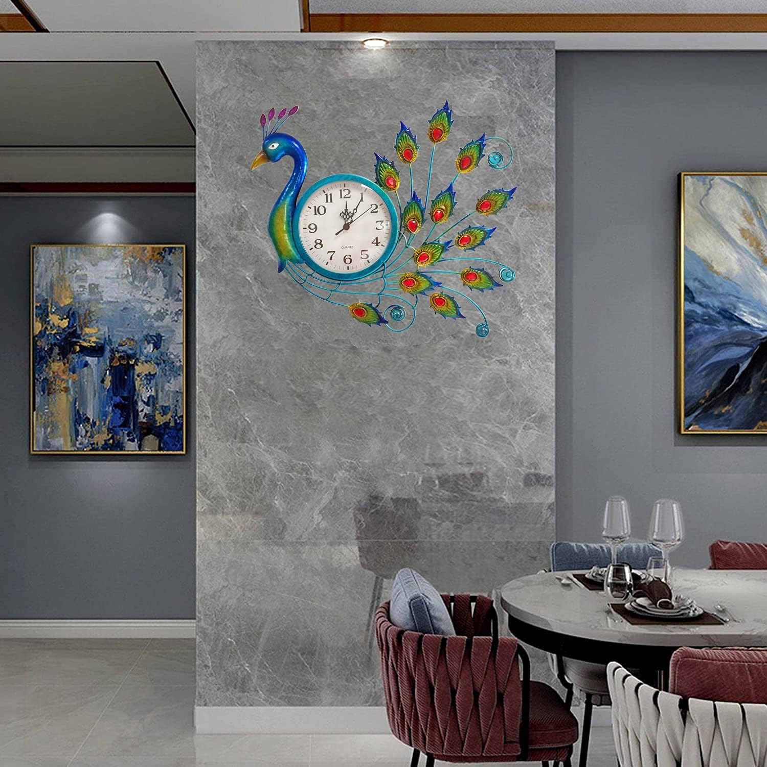 Metal Peacock Wall Art Decor Plaque Sculpture Hanging, Fashion Wall Chart Clock Modern Creative Household Simple Decorative Mute for Living Room Bedroom Kitchen Workroom Patio, Blue, 42x3x33 CM