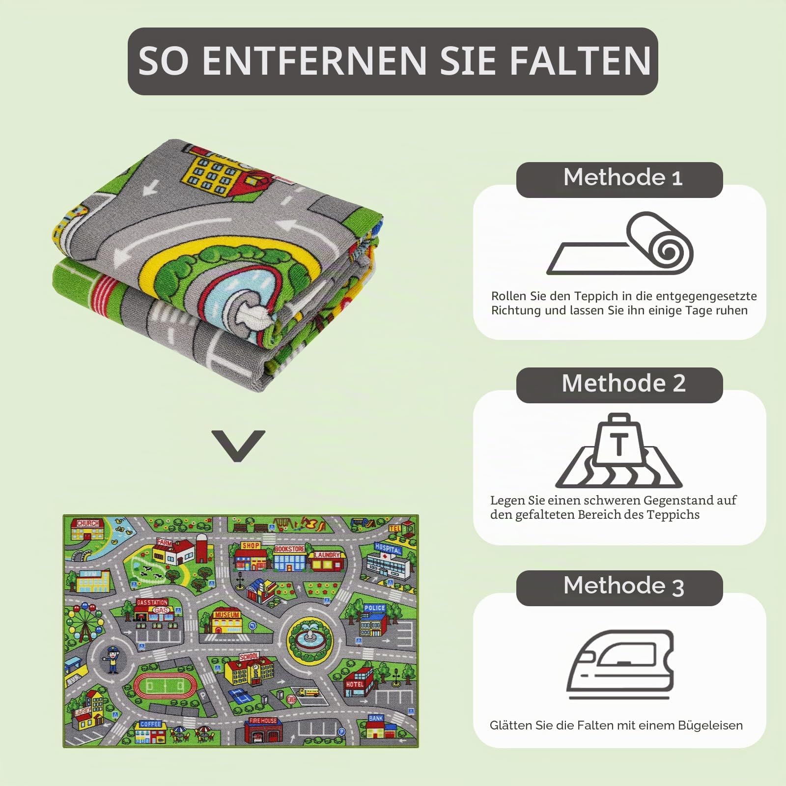 Capslpad Autoteppich Kinder 100x160cm rutschfest Kinderteppich Stadtplan Interaktiver Spielteppich Waschbar Kreativ Pädagogisch Spielmatte für Kinder Teenager Kinderzimmer Spielzimmer Dekor, Grün