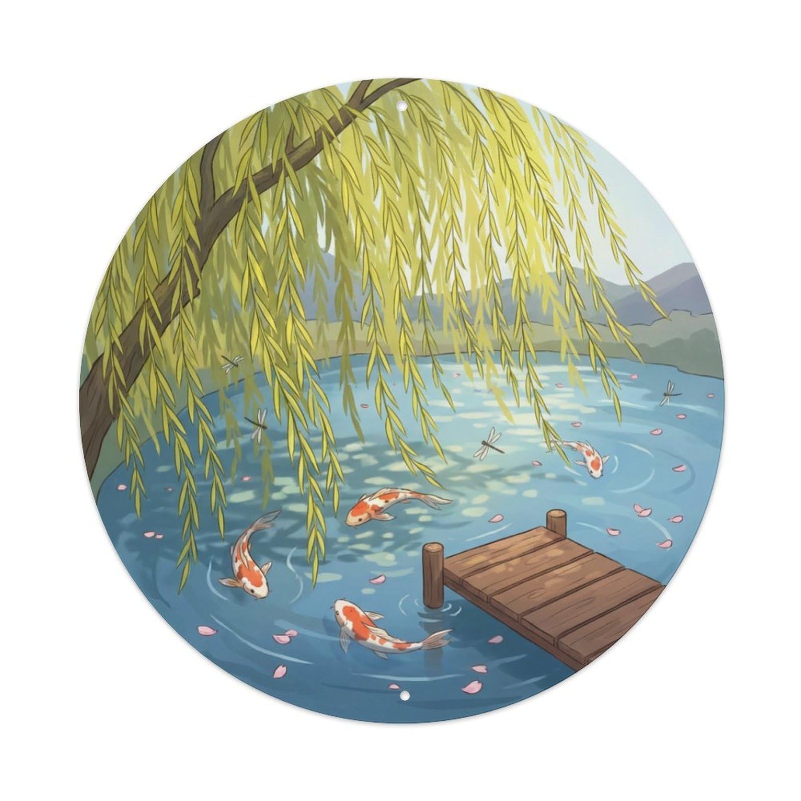 Galvaxio Style Japanese Koi Fish Willow Branches Swaying Wind Metal Tin Sign