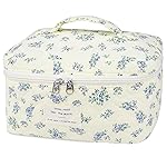 Large Travel Quilted Makeup Bag for Women,Big Floral Cotton Cosmetic Bag, Cute Coquette Aesthetic Floral Toiletry Organizer Bag (Blue Flower)
