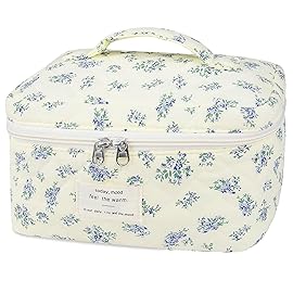Large Travel Quilted Makeup Bag for Women,Big Floral Cotton Cosmetic Bag, Cute Coquette Aesthetic Floral Toiletry Organizer Bag (Blue Flower)