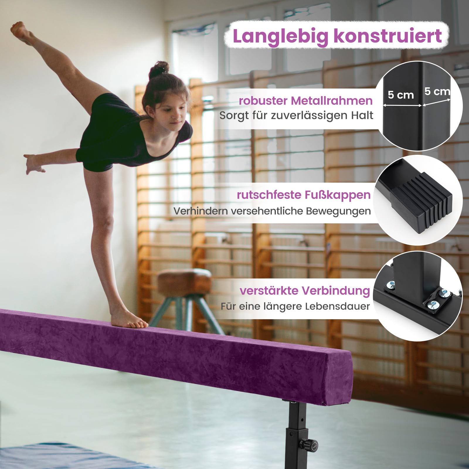 COSTWAY 226 cm Schwebebalken mit 3 Höhen verstellbar, Gymnastikbalken, Heimtrainingsgerät mit robusten Metallbeinen & Rädern, Balancierbalken für Anfänger und Profis (Lila)