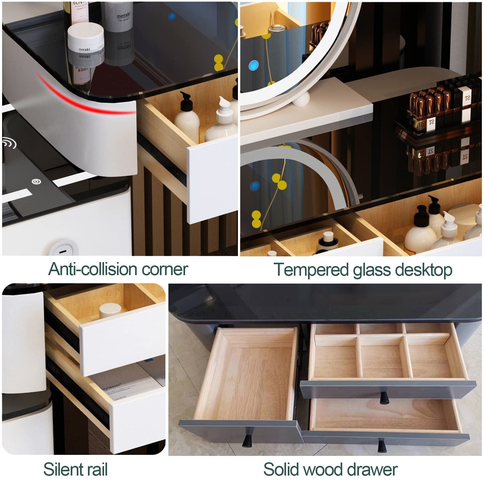 Set da toeletta a LED con sgabello imbottito, cassetto di ricarica USB, specchio per il trucco illuminato, elegante design grigio nuvola per camera da letto, perfetto per gli amanti della bellezza