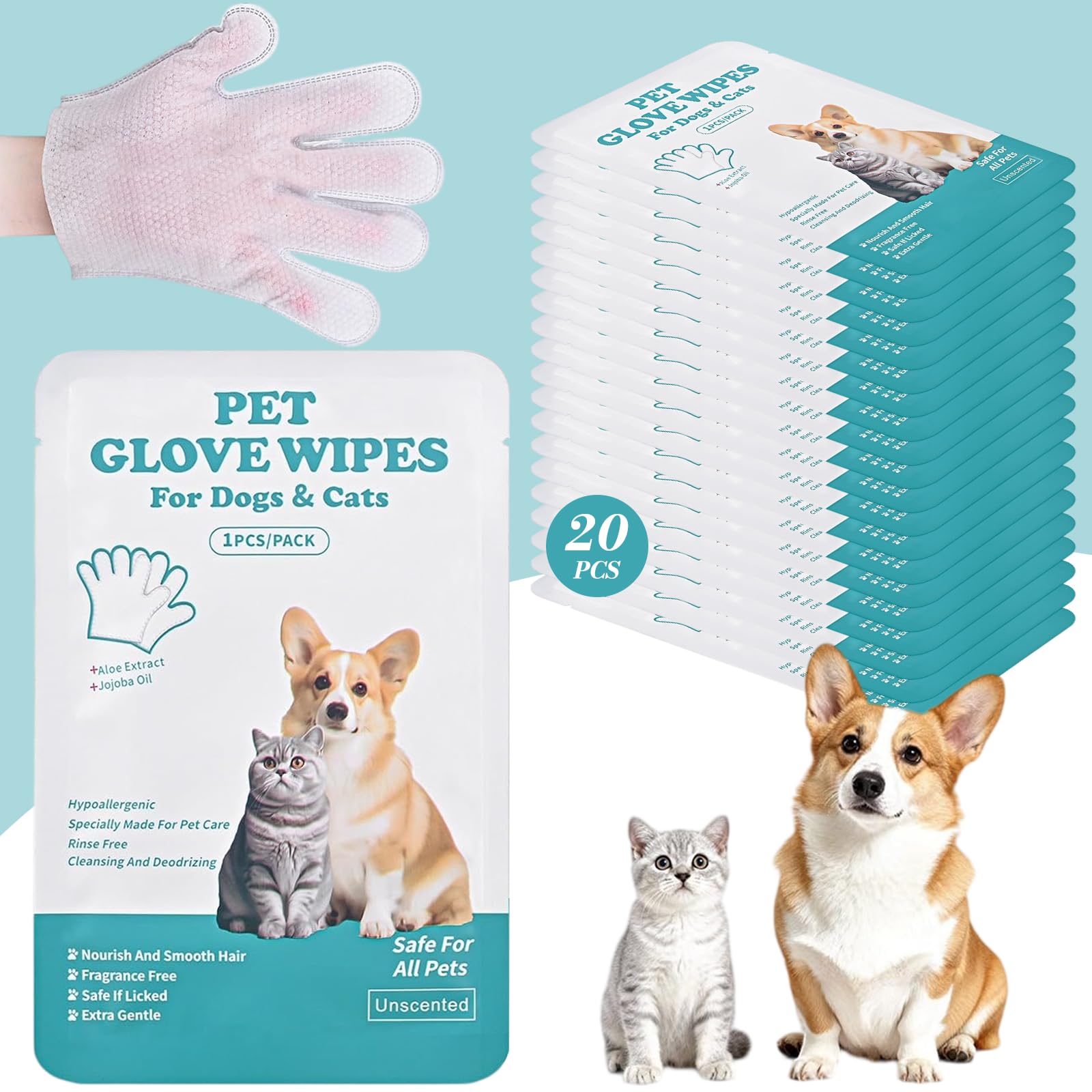 20 Piezas Guantes Lavar Perro Limpieza Hipoalergénicas Pet Wipes Cuidado Mascota para la y el Diario De Perros Gatos