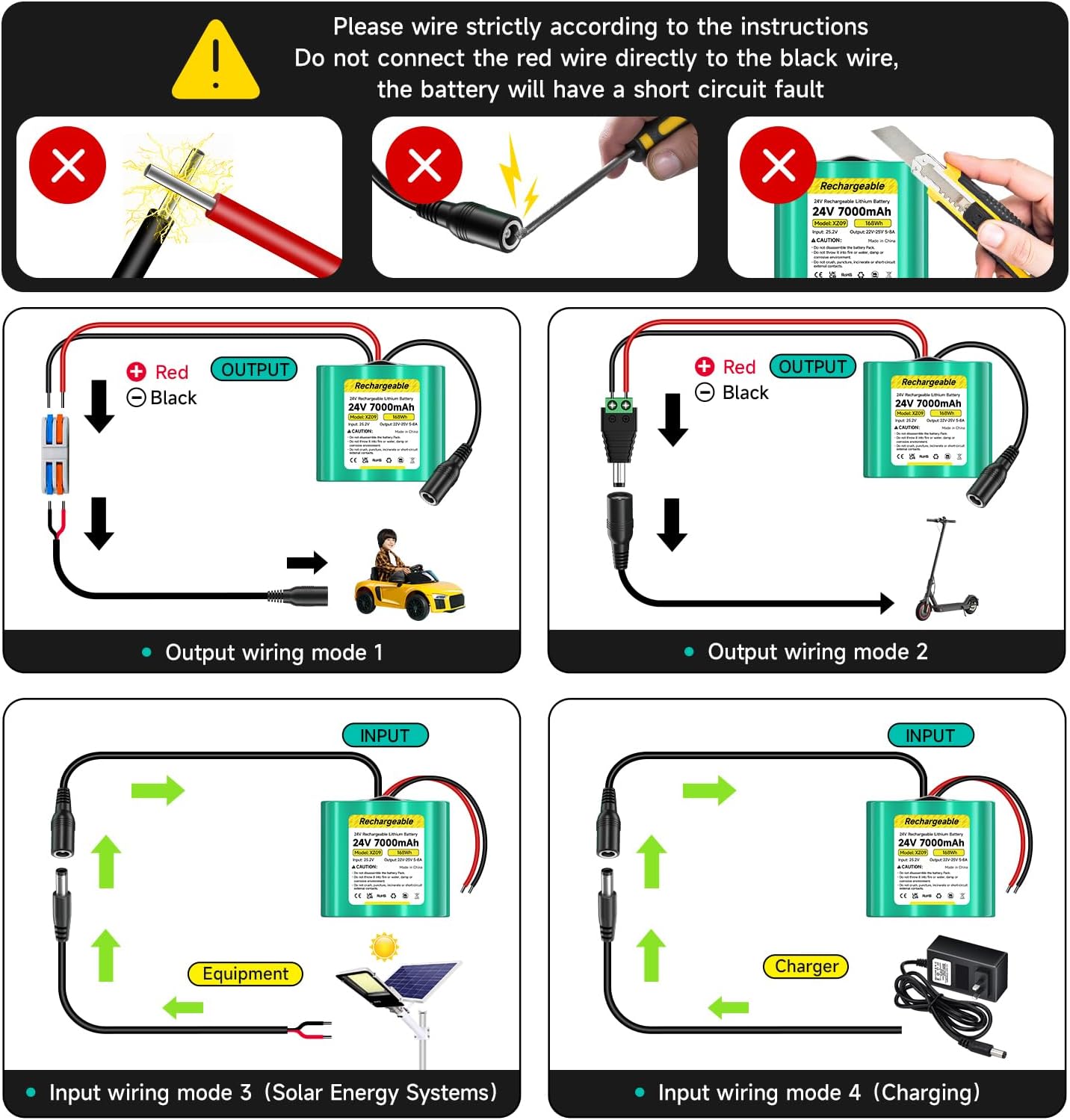 24V 7.0Ah Rechargeable Lithium Battery with Charger, Charging Cable, Cable Connector for 24V DIY Project