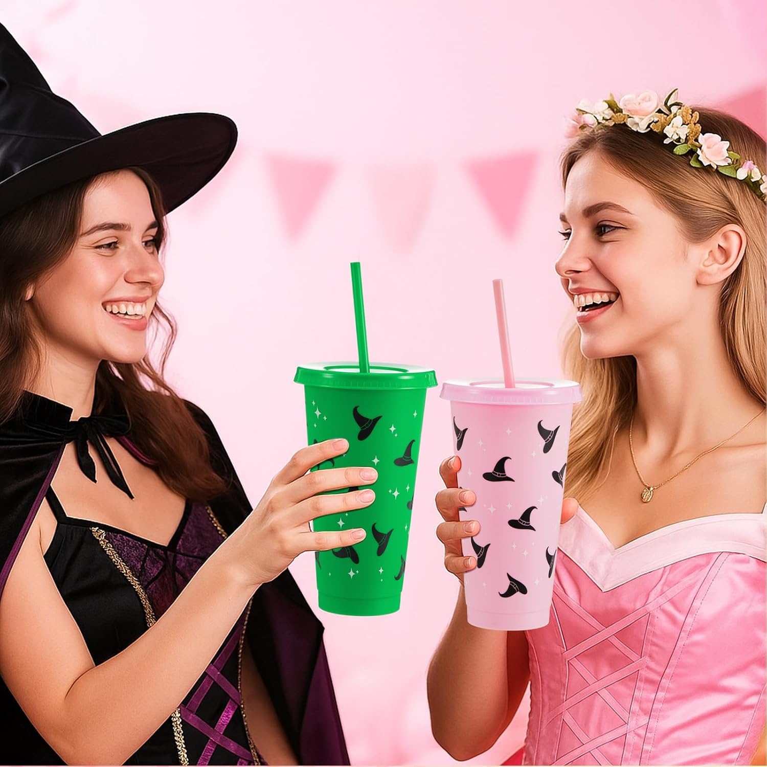 LemonRoad 12 Sets Witch Party Favors Pink and Green Plastic Cups with Lids Straws and Straw Covers 24 oz Reusable Pink Green Plastic Tumblers for Witch and Princess Birthday Party Decorations Supplies - Image 5
