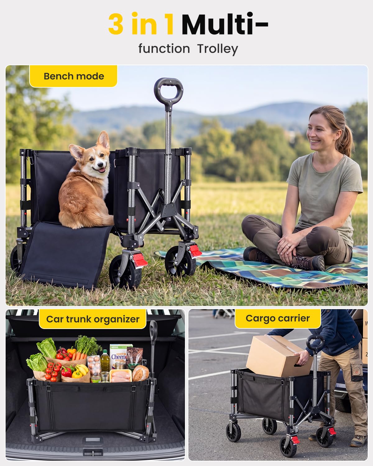 YEAUPE PRO Carro Playa Plegable con Ruedas – 70L, 50 kg – Ruedas Amovibles, Mango Ajustable, Acceso Lateral con Cremallera y Diseño Compacto, Ideal para jardín, paquetería y hogar – Negro Tinta