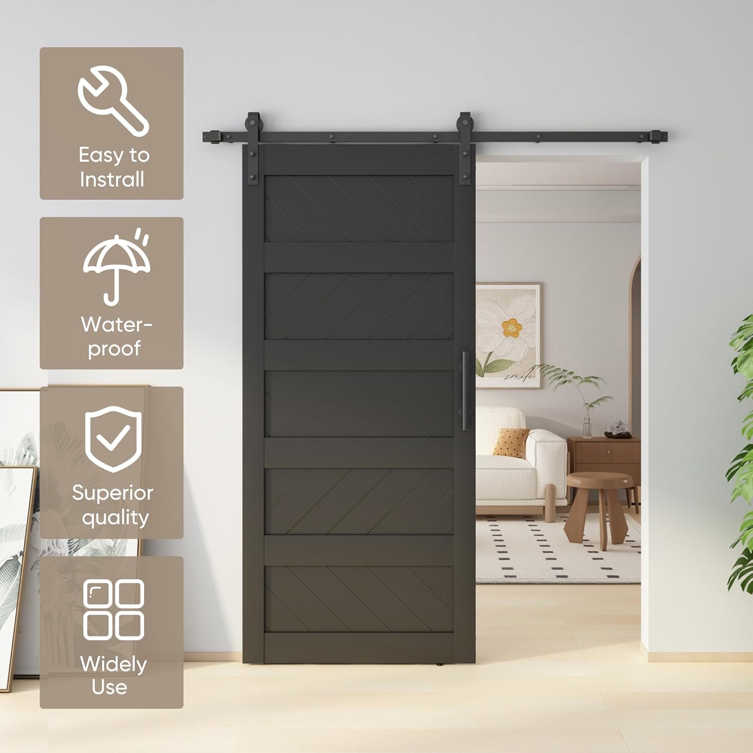 JUBEST 36" x 80" Barn Doors, Slding Barn Door Kit Wave Shape Door Panel with Hardware Kit Include, MDF Board & PVC Covered, Easy Installation, Black