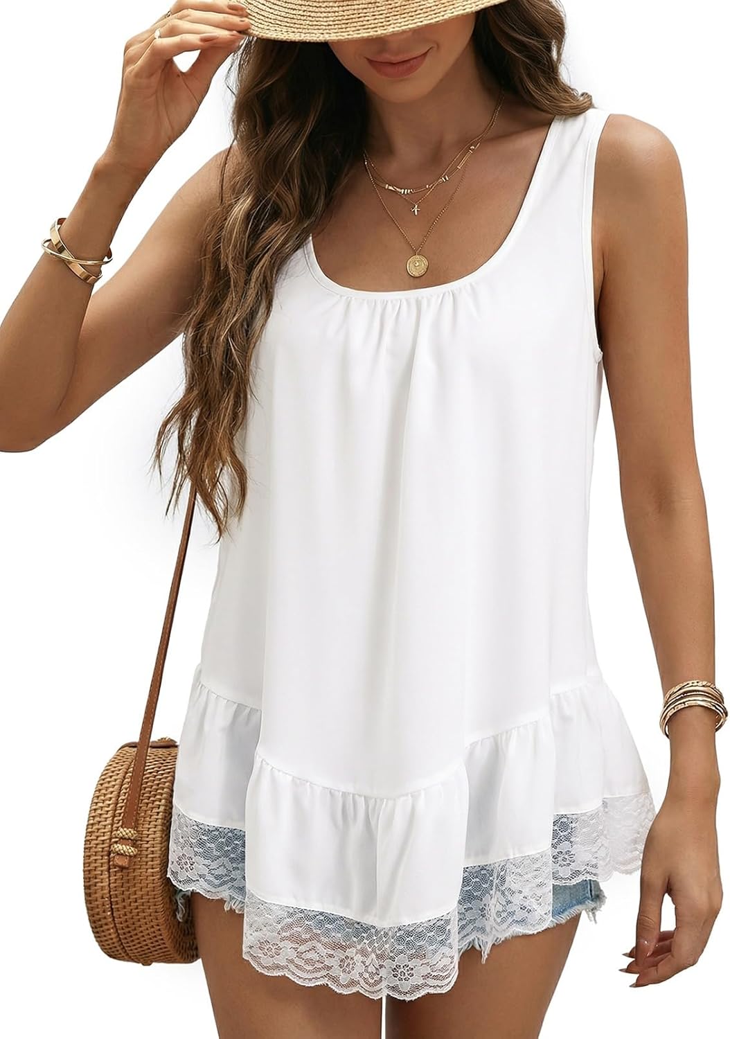 Casual Tank Tops for Women 2026 Round Neck Camisole Top Ruffled Hem Shirt Lace Trim Loose Summer Tops