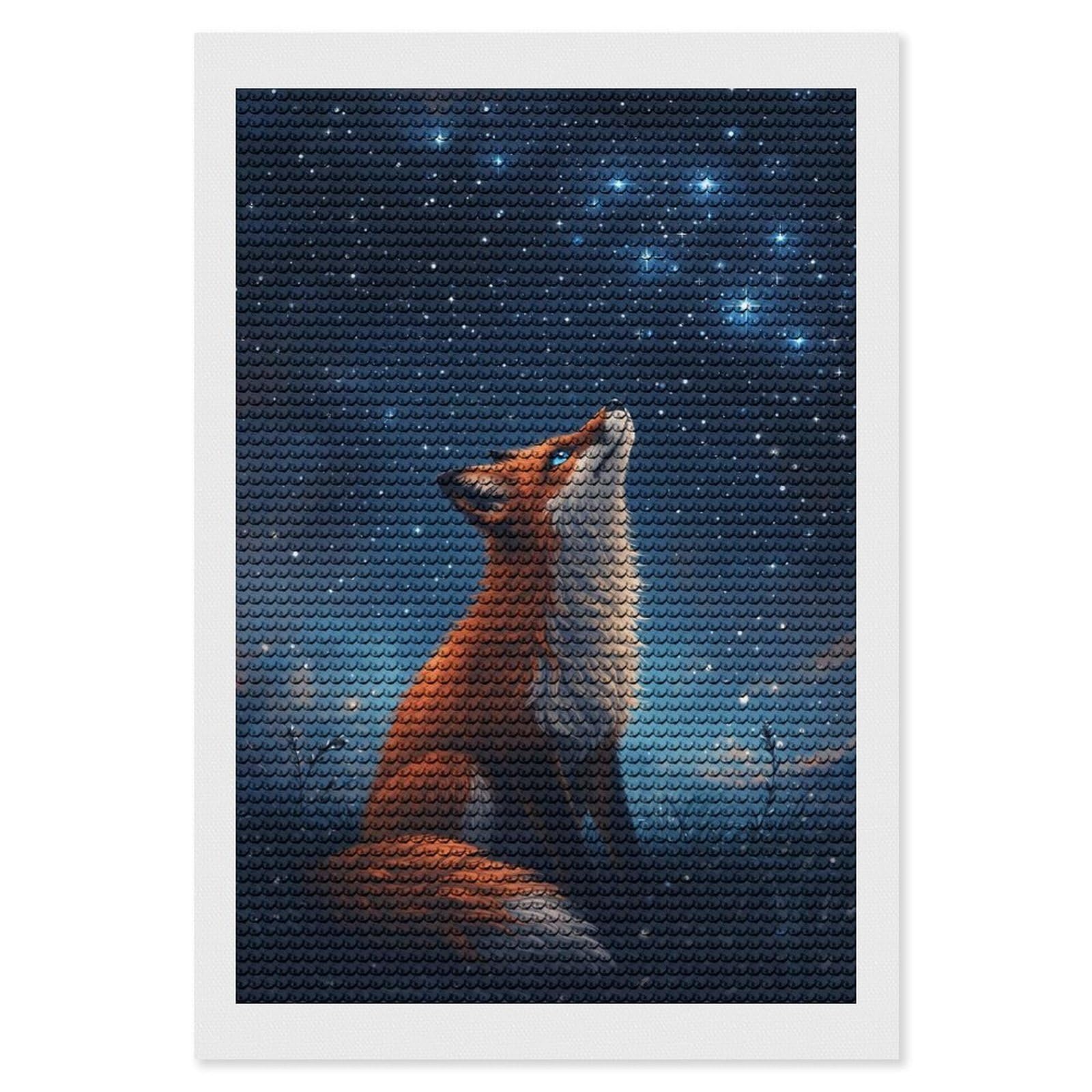 Junmoney Starry-Eyed Fox Under The Night Sky Diamond Painting Set 8"x12", Neat Printed Canvas, with Tool Kit, Bedroom Decor, Gift Idea, Complete Accessories