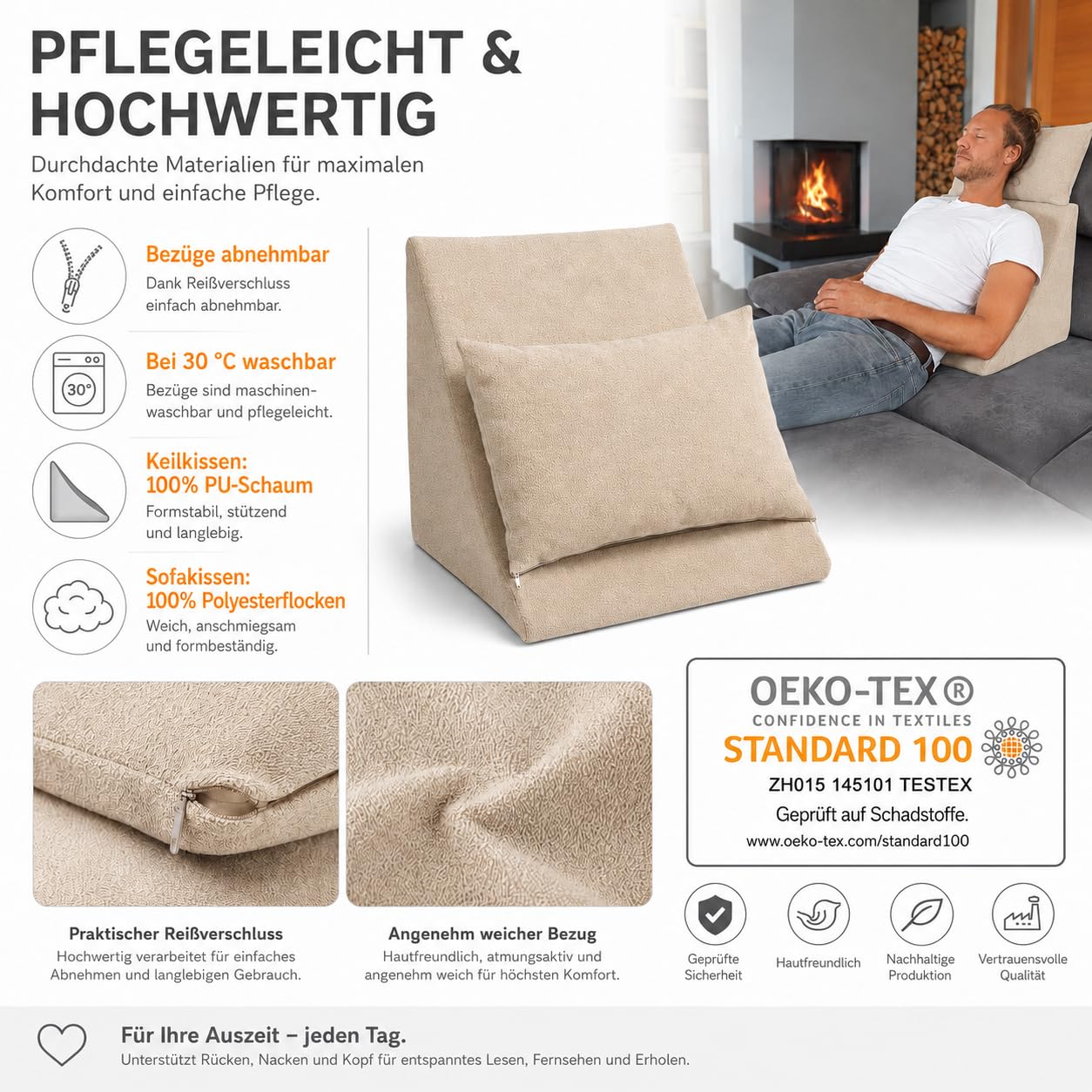 Cuscino per Letto e Divano - Cuscino a Cuneo dalla Forma Ergonomica più un Comodo Cuscino del Divano per Leggere, Guardare la TV e Rilassarsi (marrone chiaro)