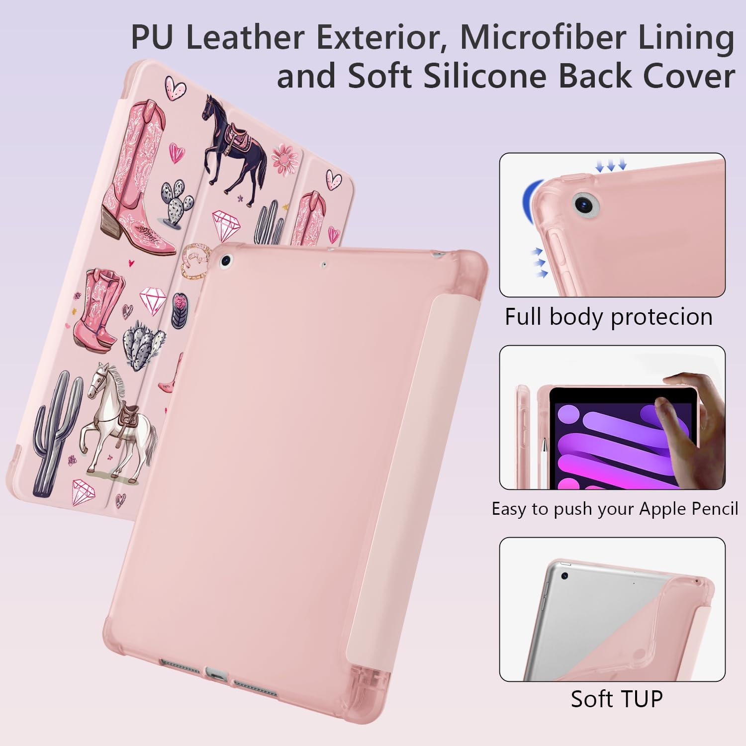 Cute Western Cowgirl Horse for iPad (A16) 11th Generation Case 11 Inch 2025, for iPad 10th Gen Case 10.9 Inch 2022 with Pencil Holder, Auto Sleep/Wake, Pink Leather Soft TPU Back Cover
