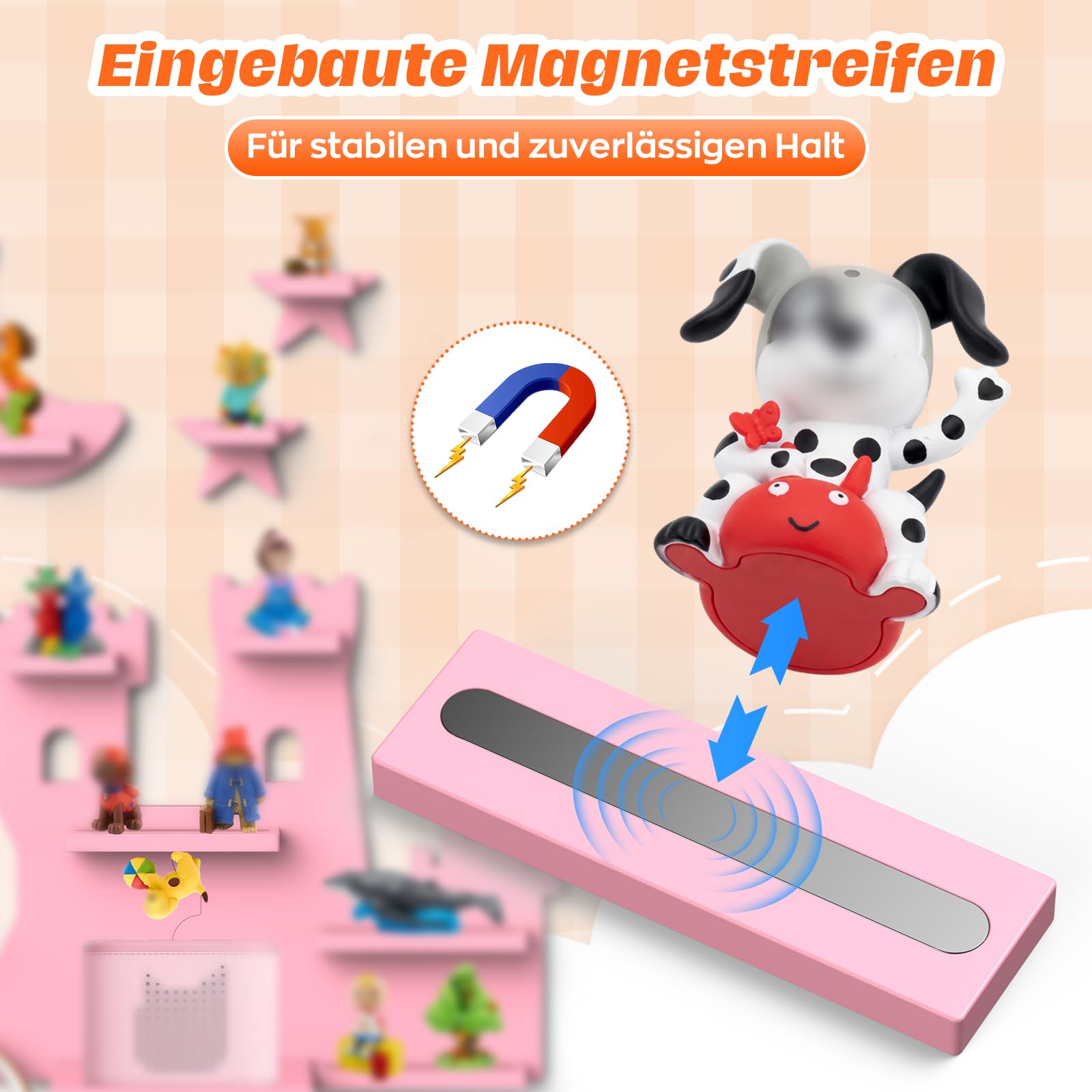 BORISI Wandregal für Toniebox 1 & 2, Holz Rosa, für 30+ Tonie Figuren | 12 mm Holz, Magnethalterung, Kabelkanal, Kopfhörerhaken, inkl. Namenssticker, Geschenkidee