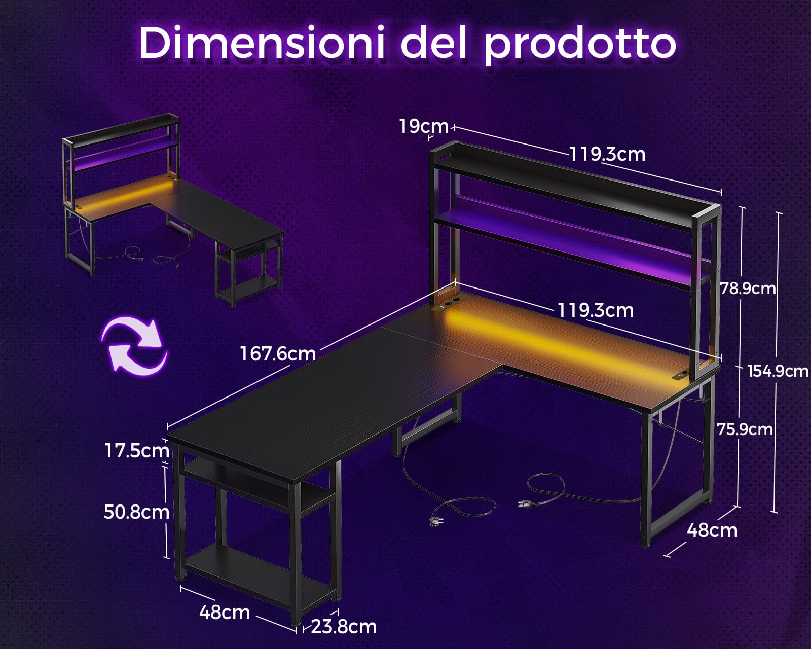 ODK Scrivania Gaming con LED, 168×120 cm Scrivania con Ripiano Reversibile, Scrivania ad L con Prese e Porte USB, Scrivania Gaming Nero con Scomparti e Spazio di Archiviazione