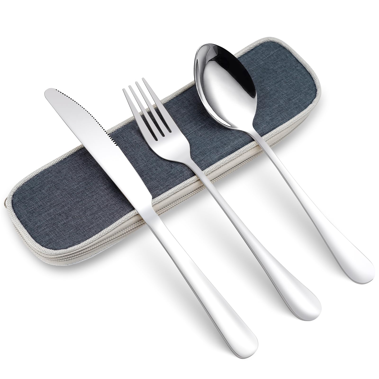 MYHOGOOD Camping Cutlery Set for 1,3-Piece Stainless Steel Portable Travel Utensils with Case,Reusable Knife Fork Spoon Flatware Set for Camping Travel Work School (Silver)