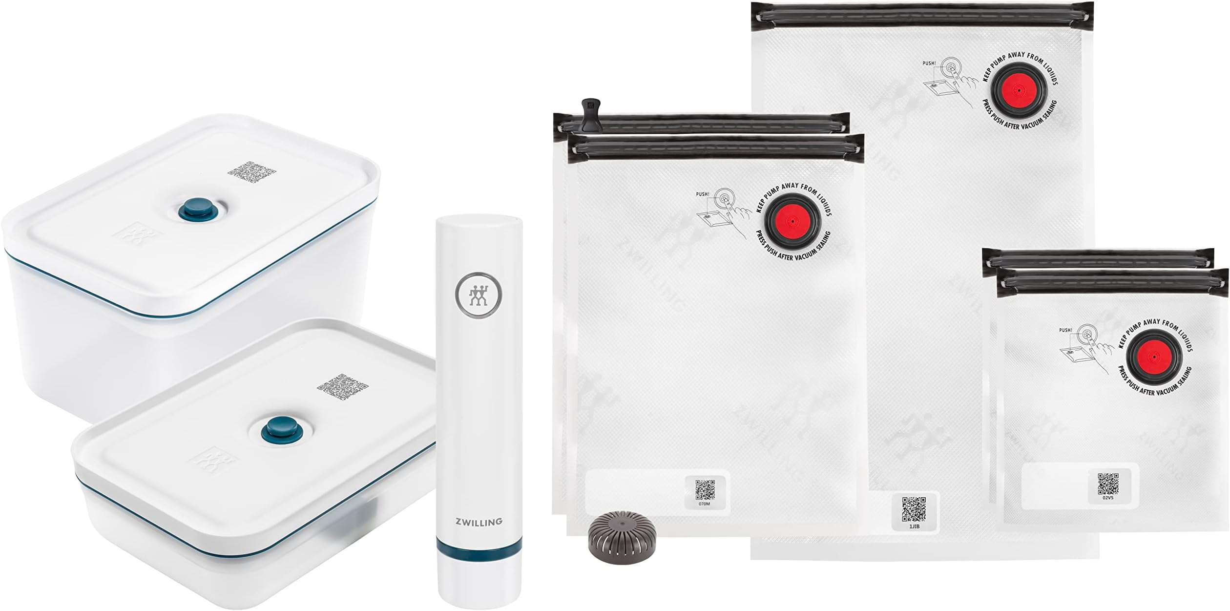 Fresh & Save La Mer 8pc Vacuum Starter Set. Pump + Stackable plastic containers: microwave & dishwasher safe + Vacuum bags: freezer safe, heat resistant & microwave safe. 2-year guarantee.