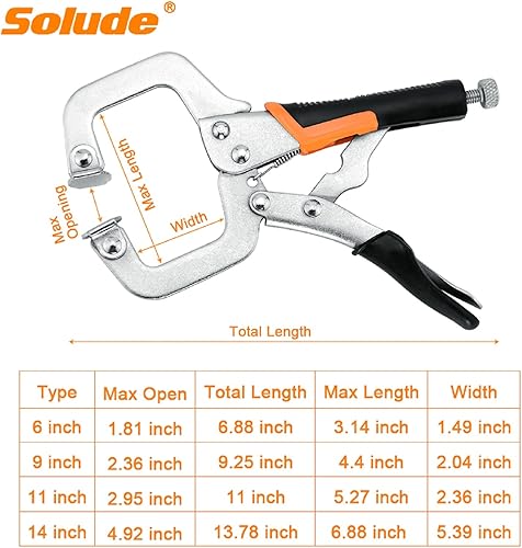 Miniatura 5 de Juego de alicates de bloqueo con abrazadera en C, 6 pulgadas, 9 pulgadas, 11 pulgadas, 14 pulgadas, 4 abrazaderas faciales de agarre de tornillo de