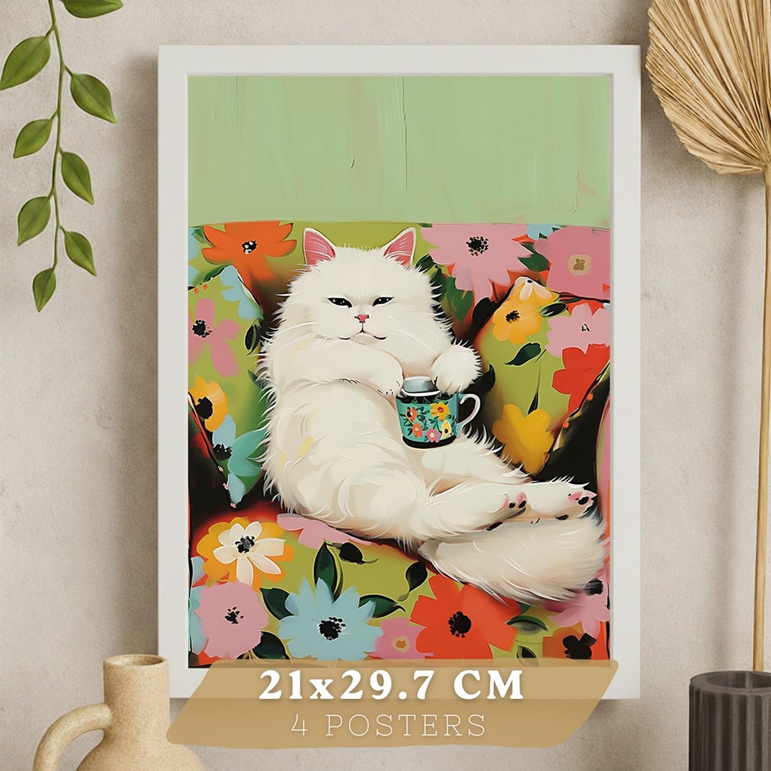 Nacnic Set De 4 Laminas Decorativas Gatos Divertidos Cuadros Salon Modernos - Posters Decorativos Animales Decoración Dormitorios Cocina Baño A3 Marco Blanco