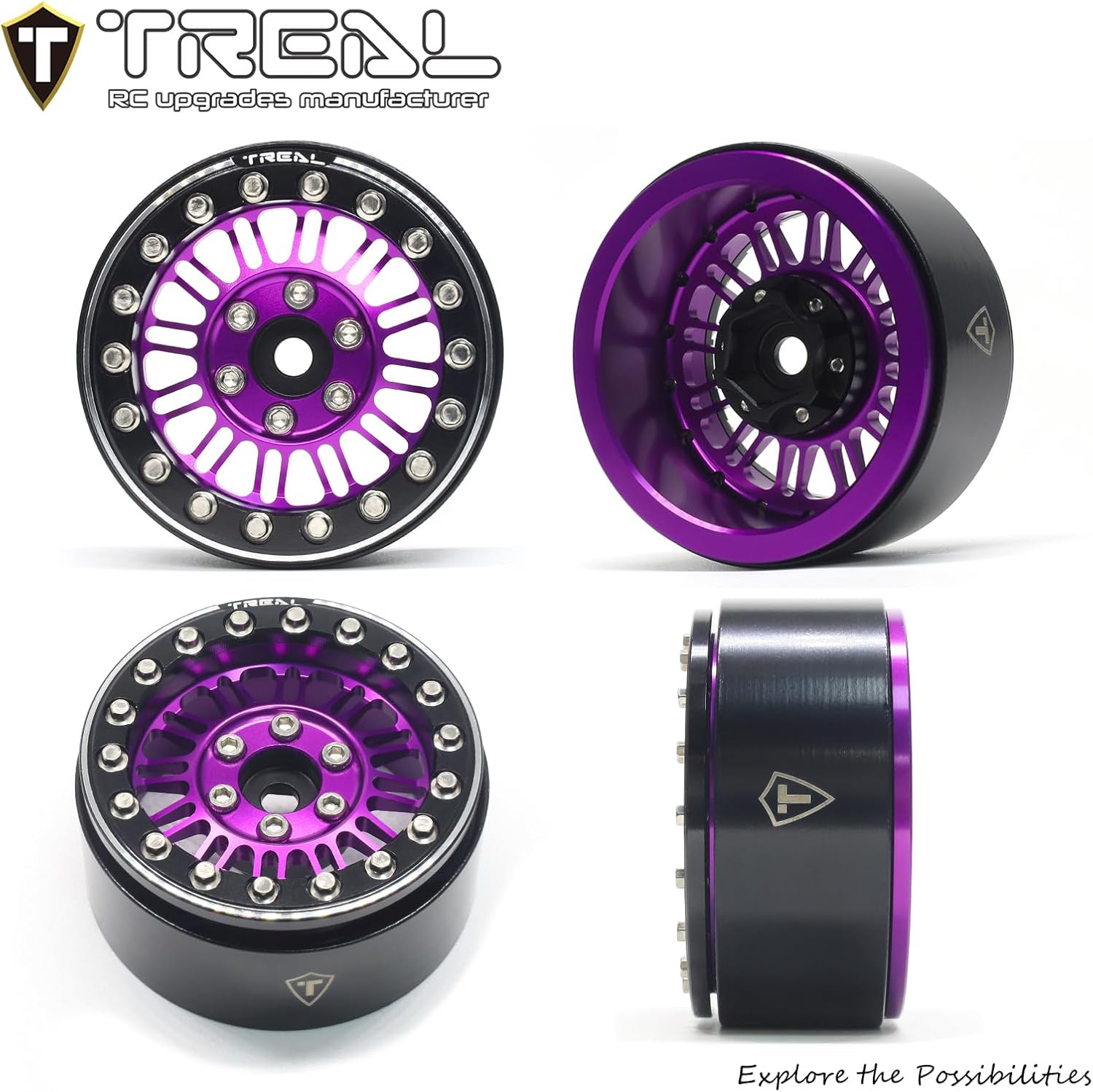 TREAL 1.9" Beadlock Wheels (4) Aluminum CNC Machined Multi Spokes Wheel Heavy Ring for SCX10 III TRX4 D90 1:10 RC Cars Type K(Purple)